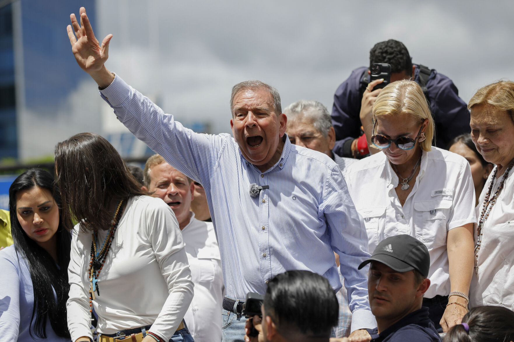 Opposition presidential candidate Edmundo Gonzalez leads a demonstration against the official election results that declared that President Nicolas Maduro won reelection in Caracas, Venezuela, Tuesday, July 30, 2024. (AP Photo/Cristian Hernandez)    PHOTO CREDIT: Associated Press