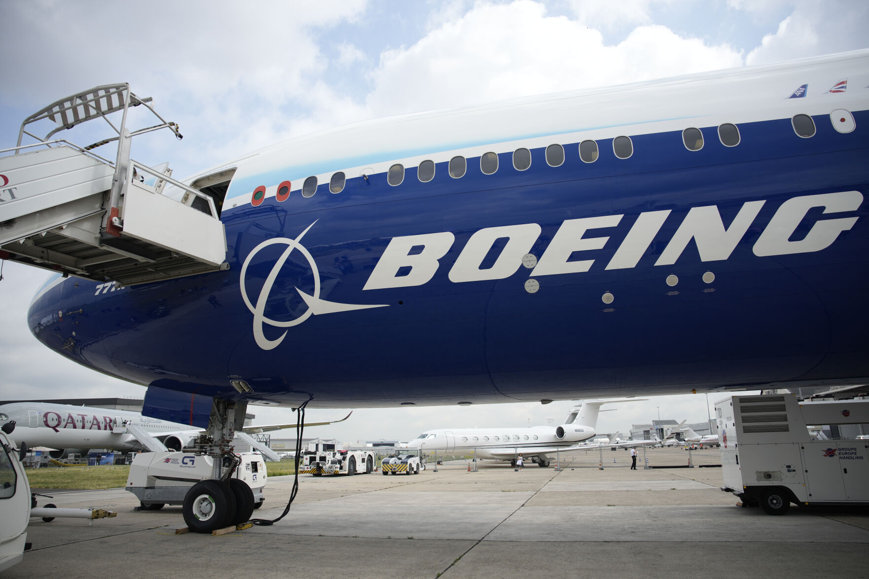 FILE - The Boeing 777X airplane is shown at the Paris Air Show in Le Bourget, north of Paris, France, on June 19, 2023. Boeing said Wednesday, July 31, 2024, that aerospace industry veteran Robert "Kelly" Ortberg will take over as CEO next week, replacing David Calhoun. Boeing is announcing the new CEO as it reports a loss of more than $1.4 billion in the second quarter. (AP Photo/Lewis Joly, File)    PHOTO CREDIT: Associated Press