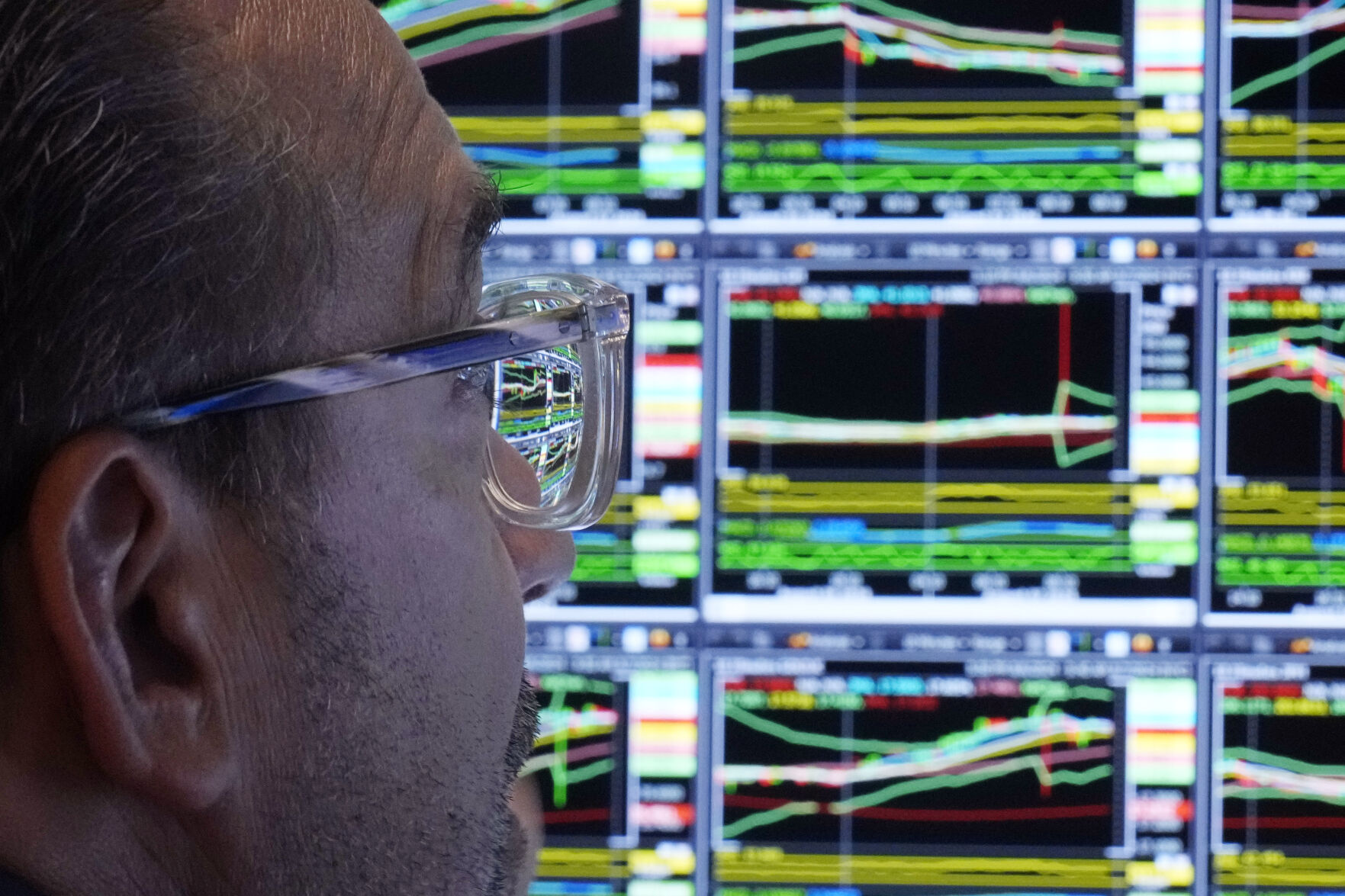 <p>The monitor of specialist Anthony Matesic is seen through his glasses as he works on the floor of the New York Stock Exchange, Wednesday, Aug. 7, 2024. (AP Photo/Richard Drew)</p>   PHOTO CREDIT: Richard Drew - staff, ASSOCIATED PRESS