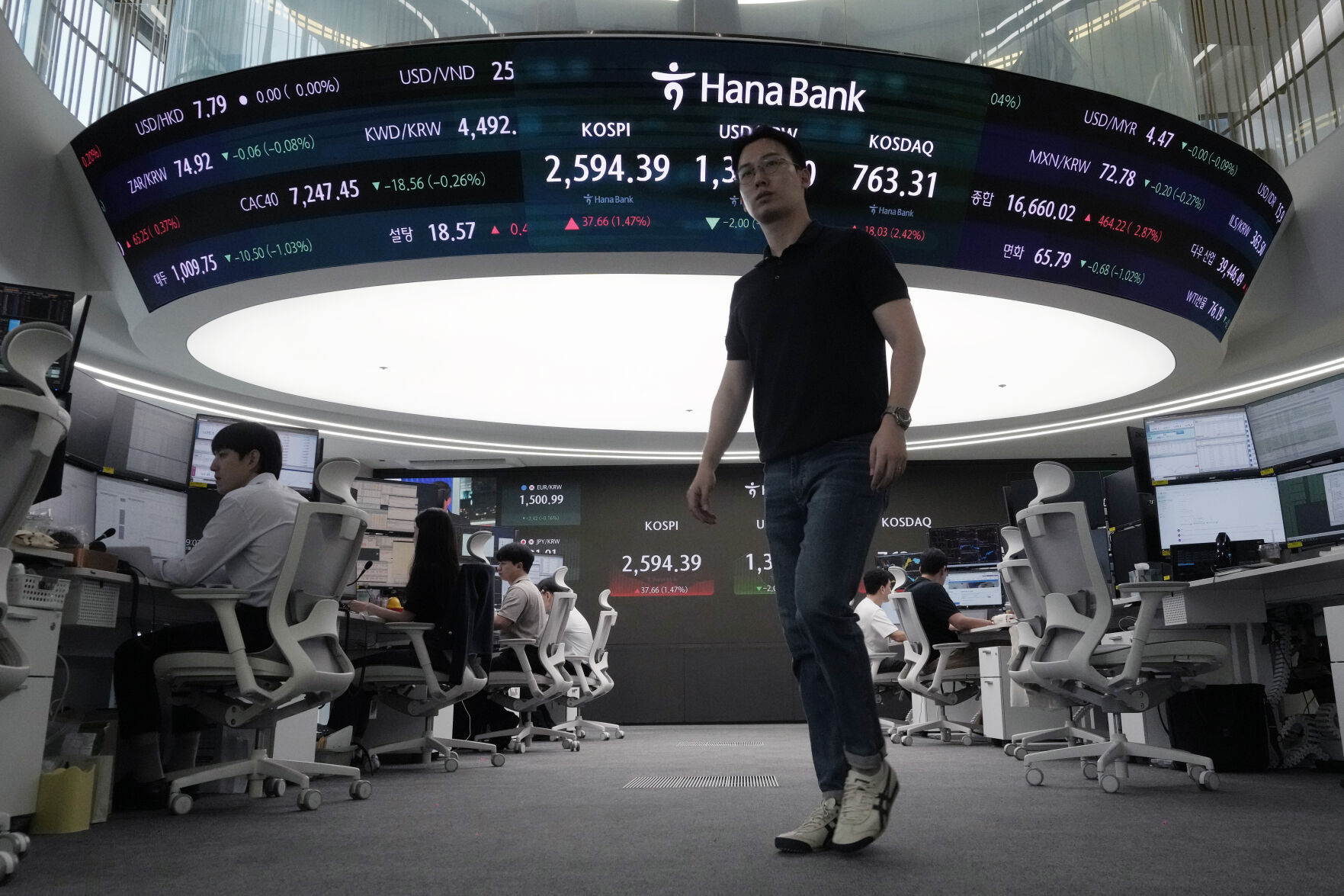 <p>A currency trader passes by a screen showing the Korea Composite Stock Price Index (KOSPI), top center left, at the foreign exchange dealing room of the KEB Hana Bank headquarters in Seoul, South Korea, Friday, Aug. 9, 2024. (AP Photo/Ahn Young-joon)</p>   PHOTO CREDIT: Ahn Young-joon - staff, ASSOCIATED PRESS