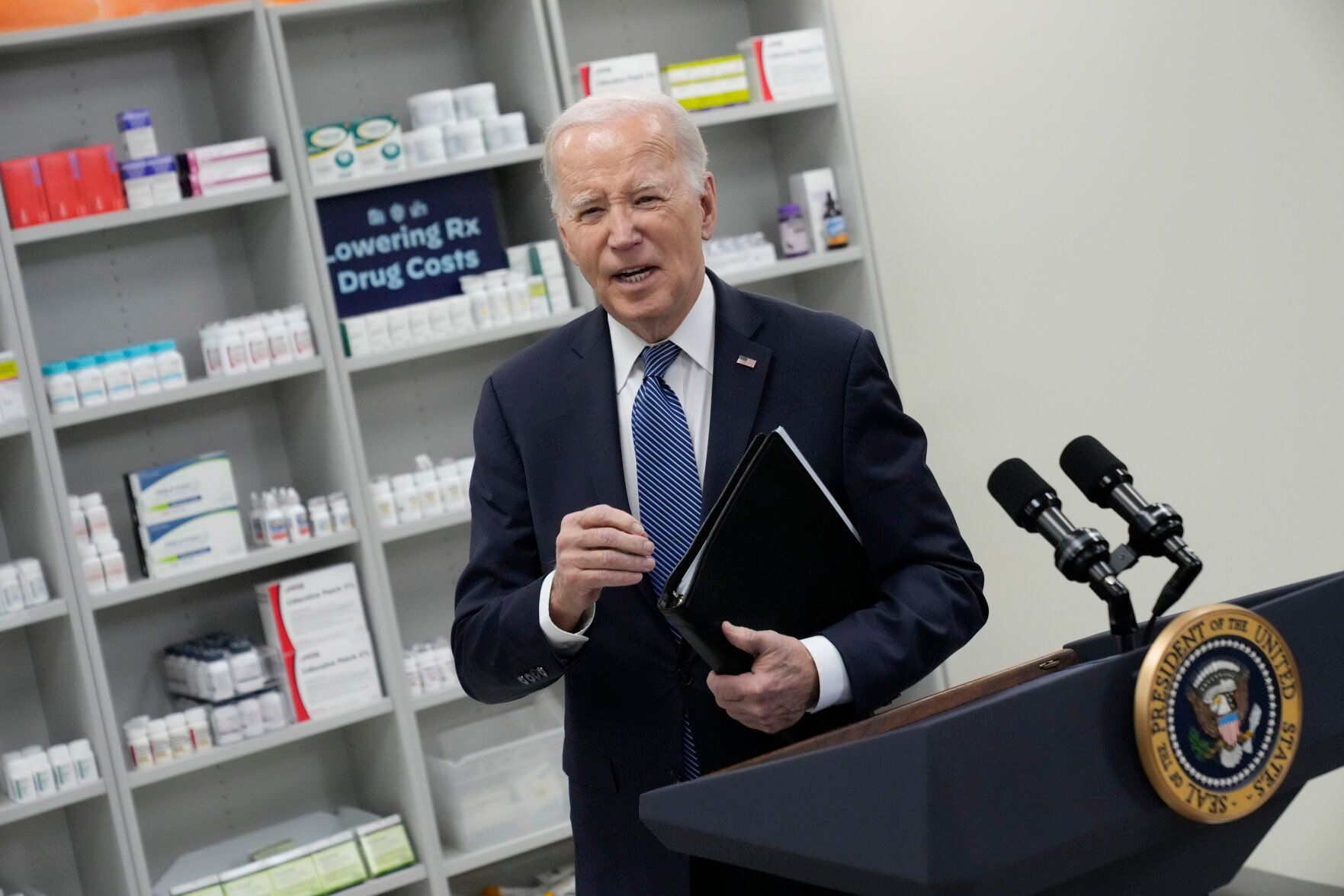 <p>FILE - President Joe Biden leaves after speaking about prescription drug costs at the National Institutes of Health in Bethesda, Md., Dec. 14, 2023. (AP Photo/Andrew Harnik, File)</p>   PHOTO CREDIT: Andrew Harnik 