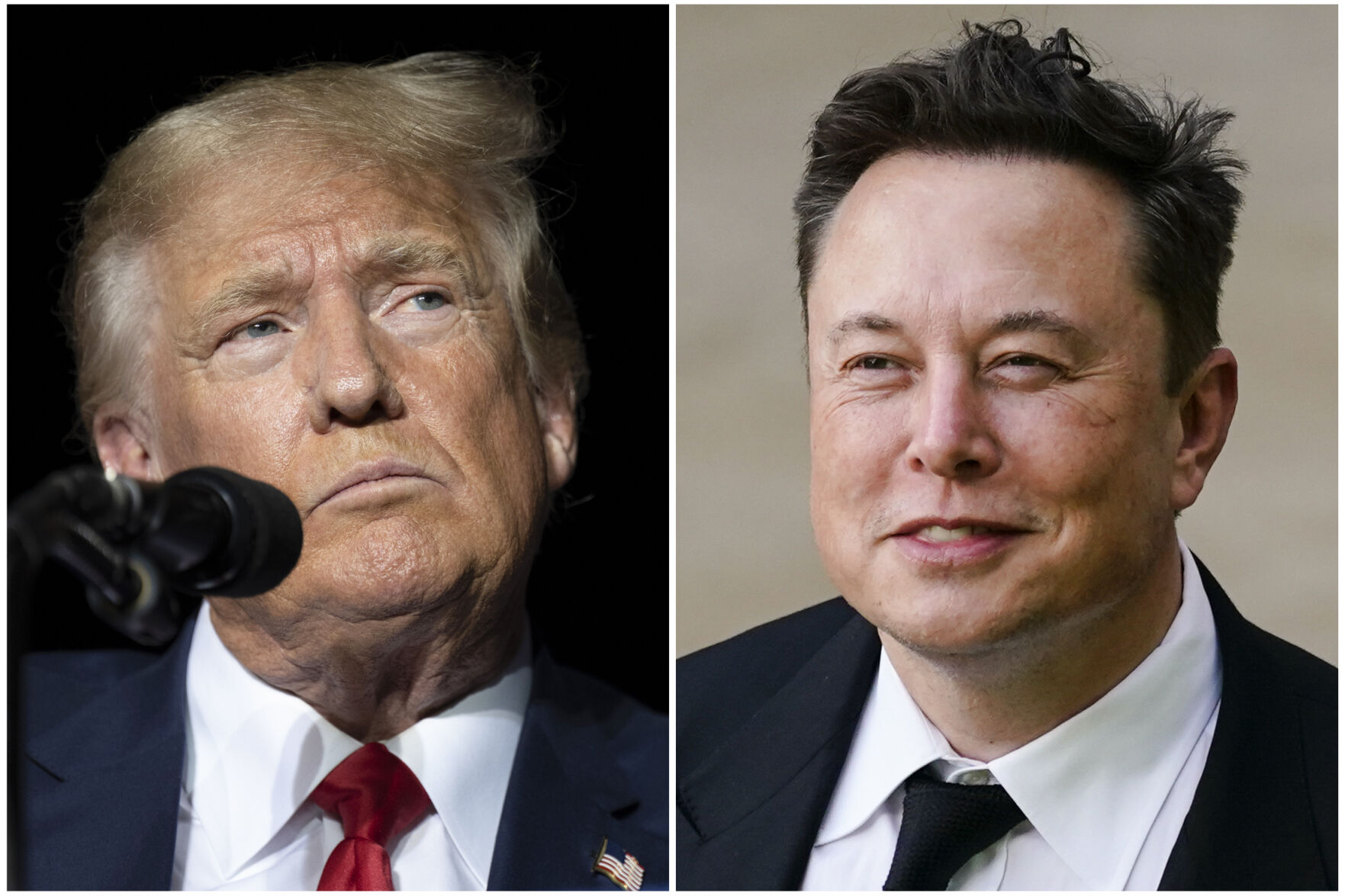 This combination of photos shows former President Donald Trump during rally in Minden, Nev., Oct. 8, 2022, left, and Elon Musk in Wilmington, Del., July 12, 2021. (AP Photo)    PHOTO CREDIT: Associated Press