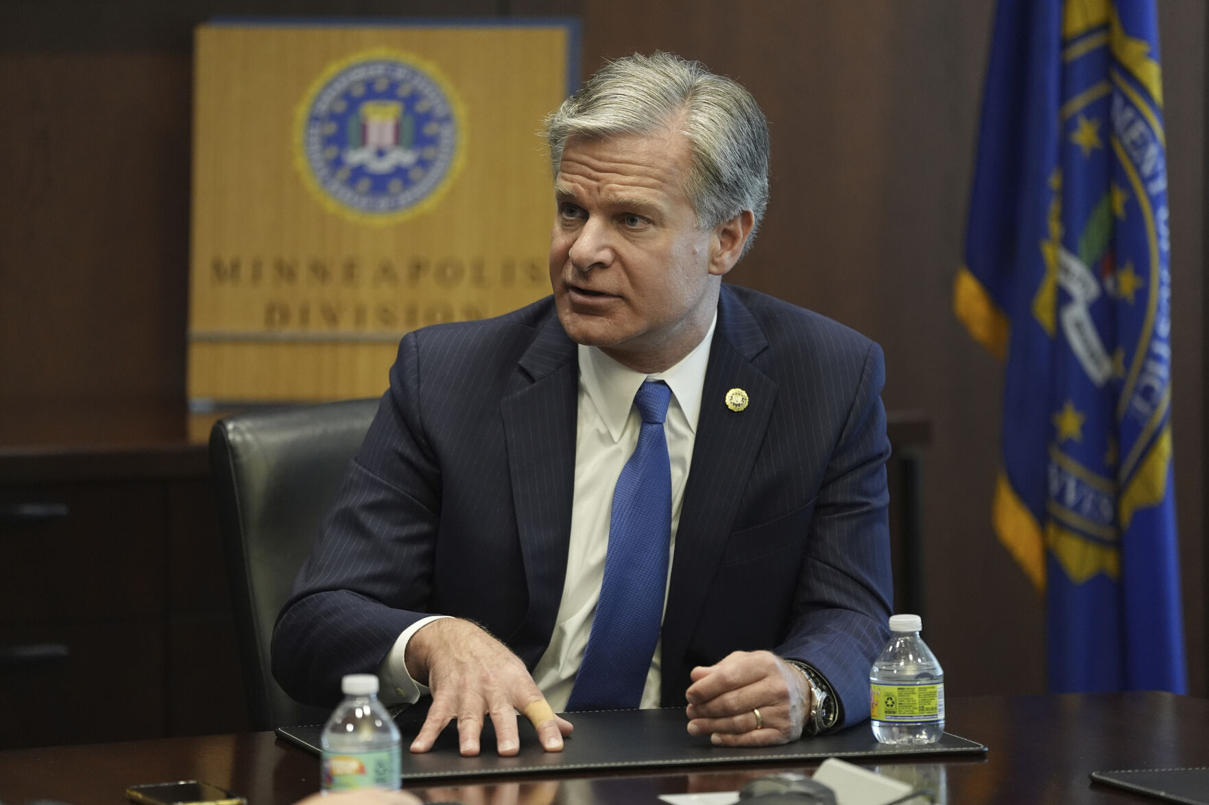 FBI Director Christopher Wray answers questions during an interview, Wednesday, Aug. 21, 2024, in Brooklyn Center, Minn. (AP Photo/Abbie Parr)    PHOTO CREDIT: Associated Press