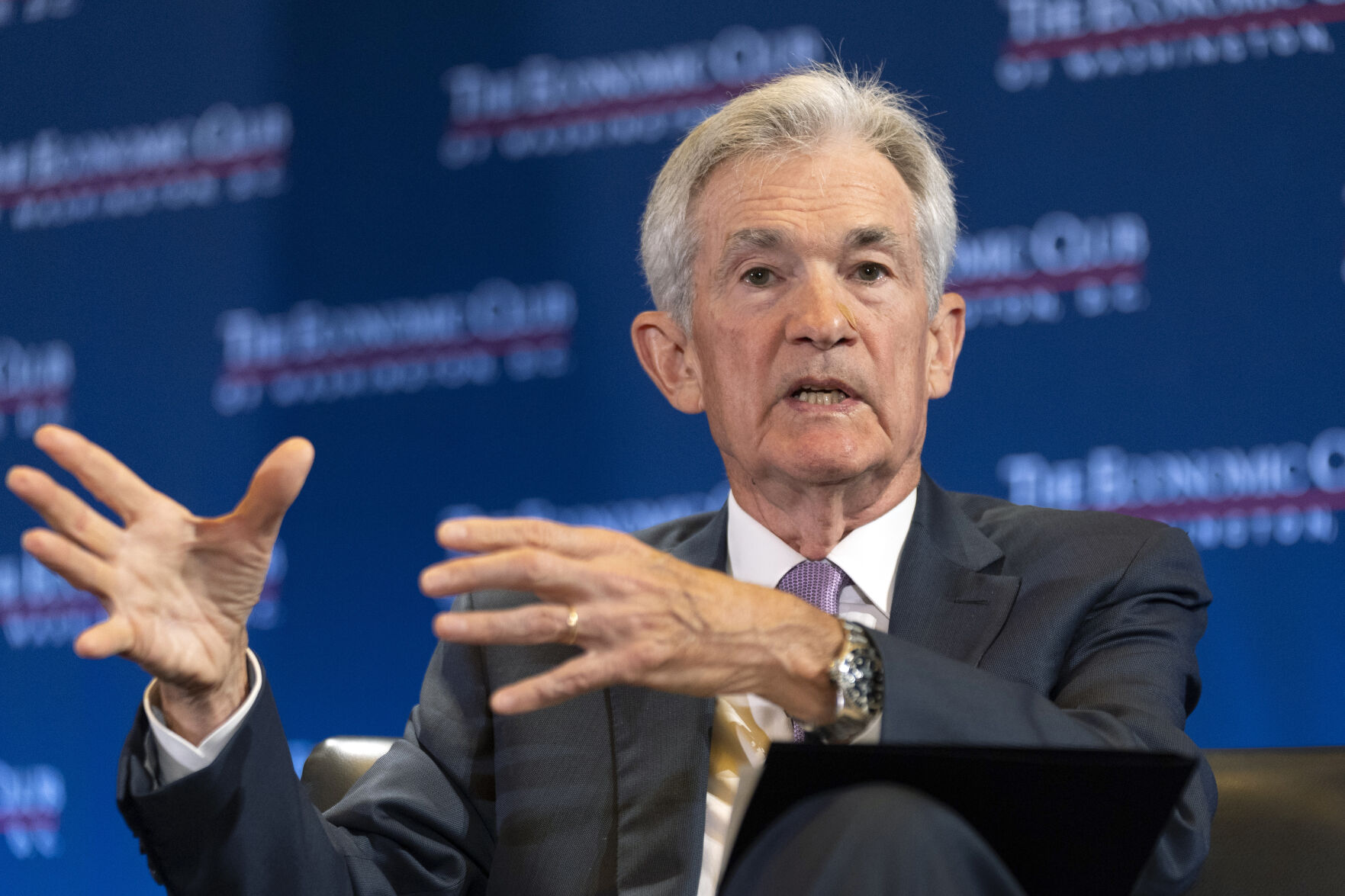 FILE - Federal Reserve Chair Jerome Powell participates in a conversation with Economic Club of Washington, DC, July 15, 2024, in Washington. (AP Photo/Manuel Balce Ceneta, File)    PHOTO CREDIT: Associated Press