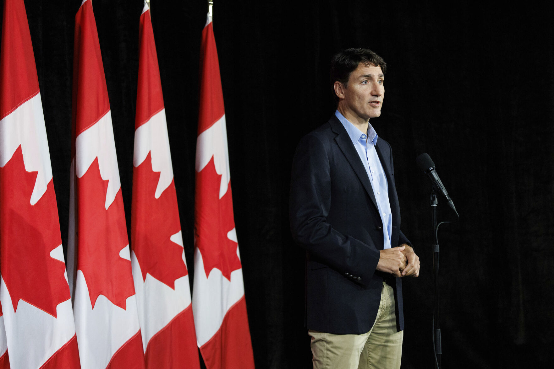 <p>Canadian Prime Minister Justin Trudeau speaks with reporters during a news conference at the Federal ministers cabinet retreat in Halifax, Nova Scotia, Monday, Aug. 26, 2024. (Kelly Clark/The Canadian Press via AP)</p>   PHOTO CREDIT: Kelly Clark 