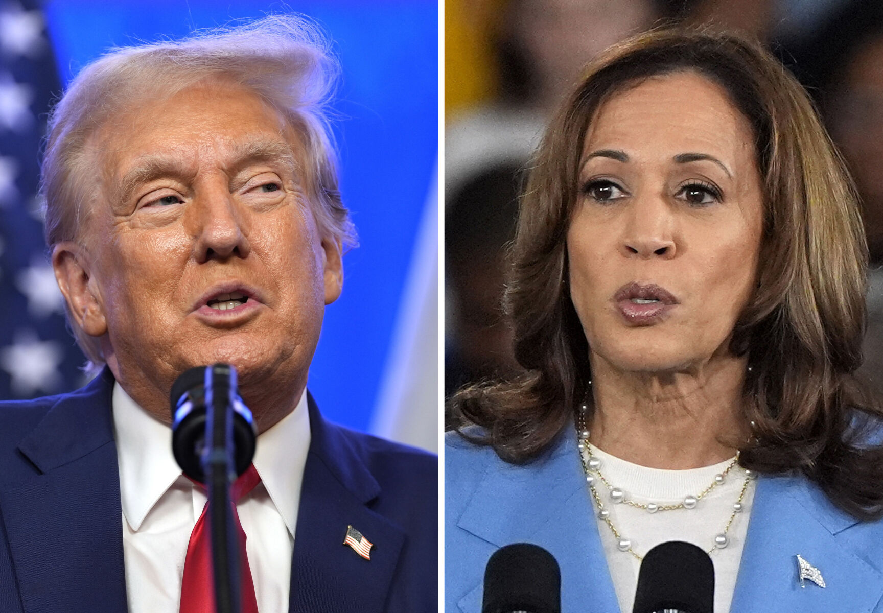 <p>This combination photo shows Republican presidential nominee former President Donald Trump at an event, Aug. 15, 2024, in Bedminster, N.J., left, and Democratic presidential nominee Vice President Kamala Harris at a campaign event in Raleigh, N.C., Aug. 16, 2024. (AP Photo)</p>   PHOTO CREDIT: AP photo