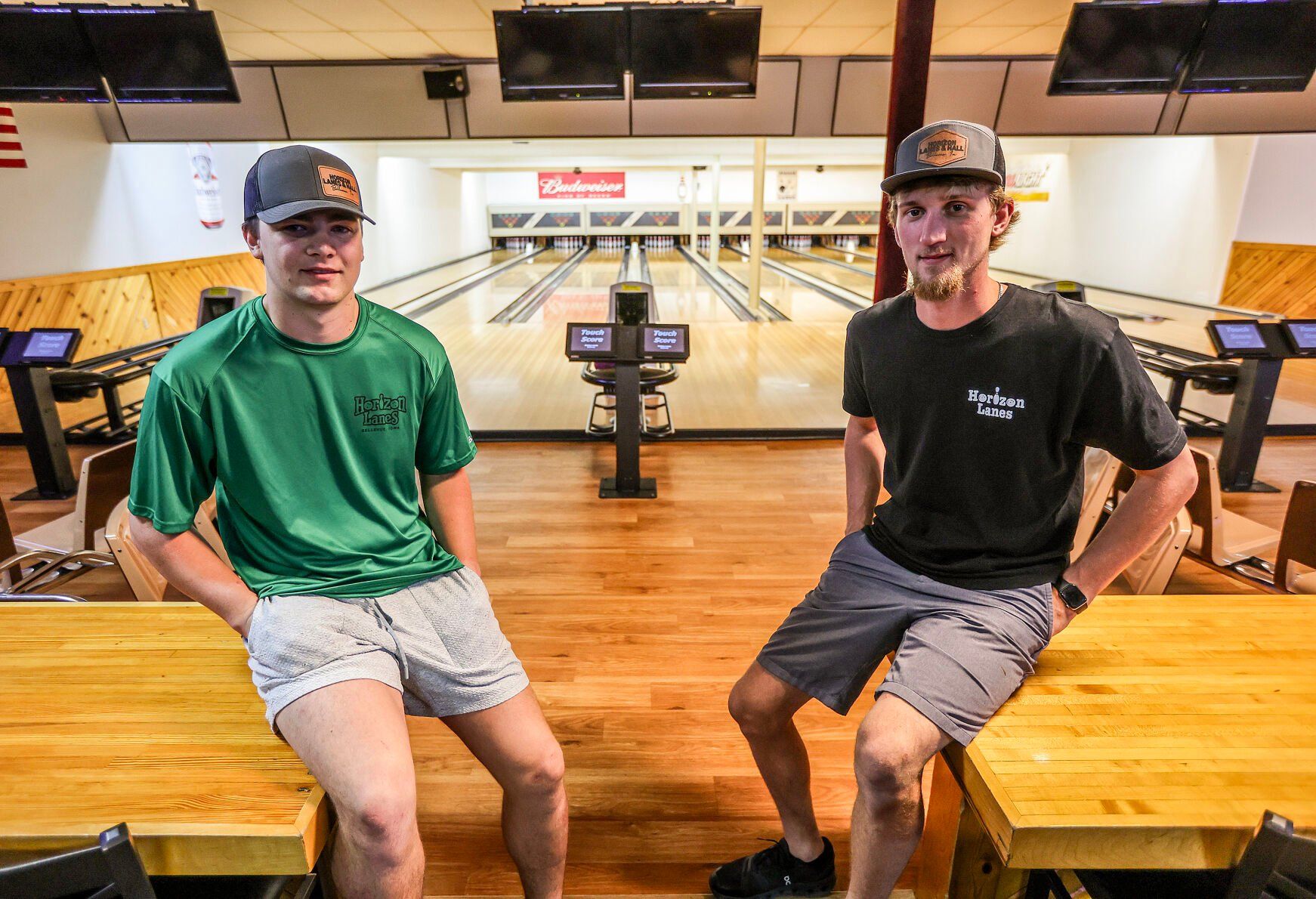 Dawson Weber (left) and Trevor Hager are co-owners of Horizon Lanes in Bellevue, Iowa.    PHOTO CREDIT: Dave Kettering