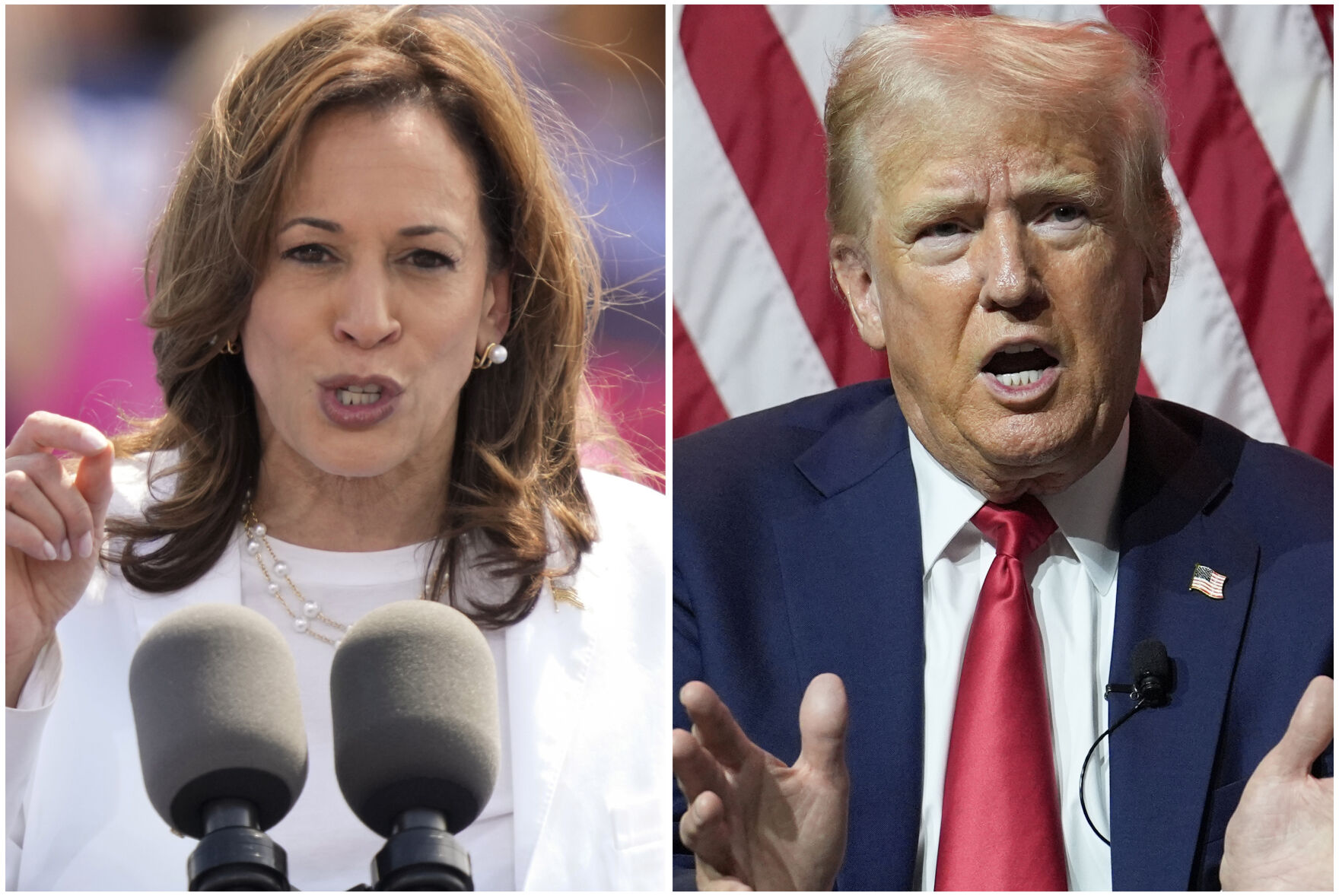 <p>This combination of photos shows Vice President Kamala Harris, left, on Aug. 7, 2024 and Republican presidential candidate former President Donald Trump on July 31, 2024. (AP Photo/Charles Rex Arbogast)</p>   PHOTO CREDIT: Charles Rex Arbogast 