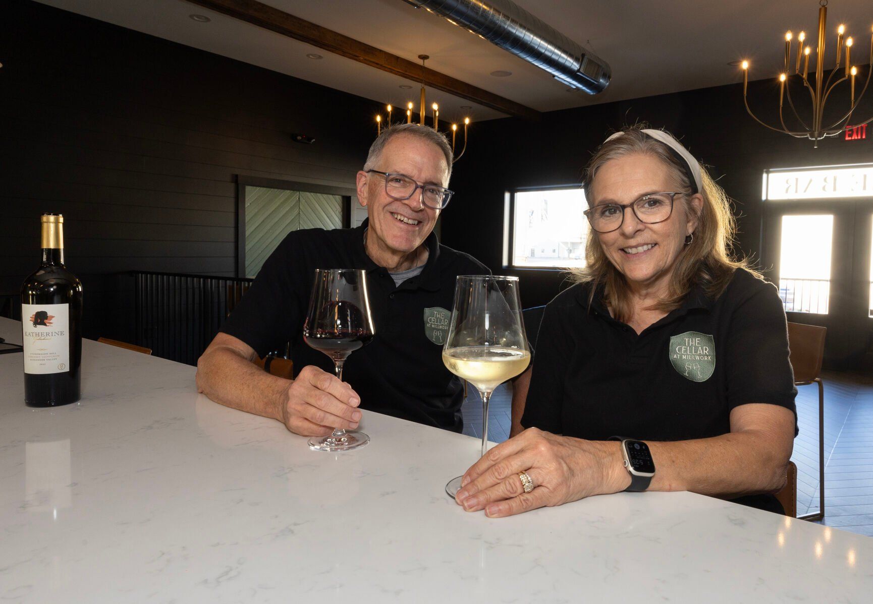 Owners Jerry and Robin Gebhard sit at The Cellar at Millwork in Dyersville, Iowa.    PHOTO CREDIT: Gassman