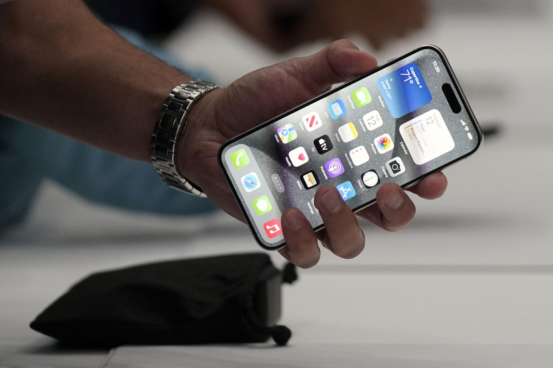 FILE - The iPhone 15 Pro is shown after its introduction on the Apple campus, Sept. 12, 2023, in Cupertino, Calif. (AP Photo/Jeff Chiu, File)    PHOTO CREDIT: Associated Press