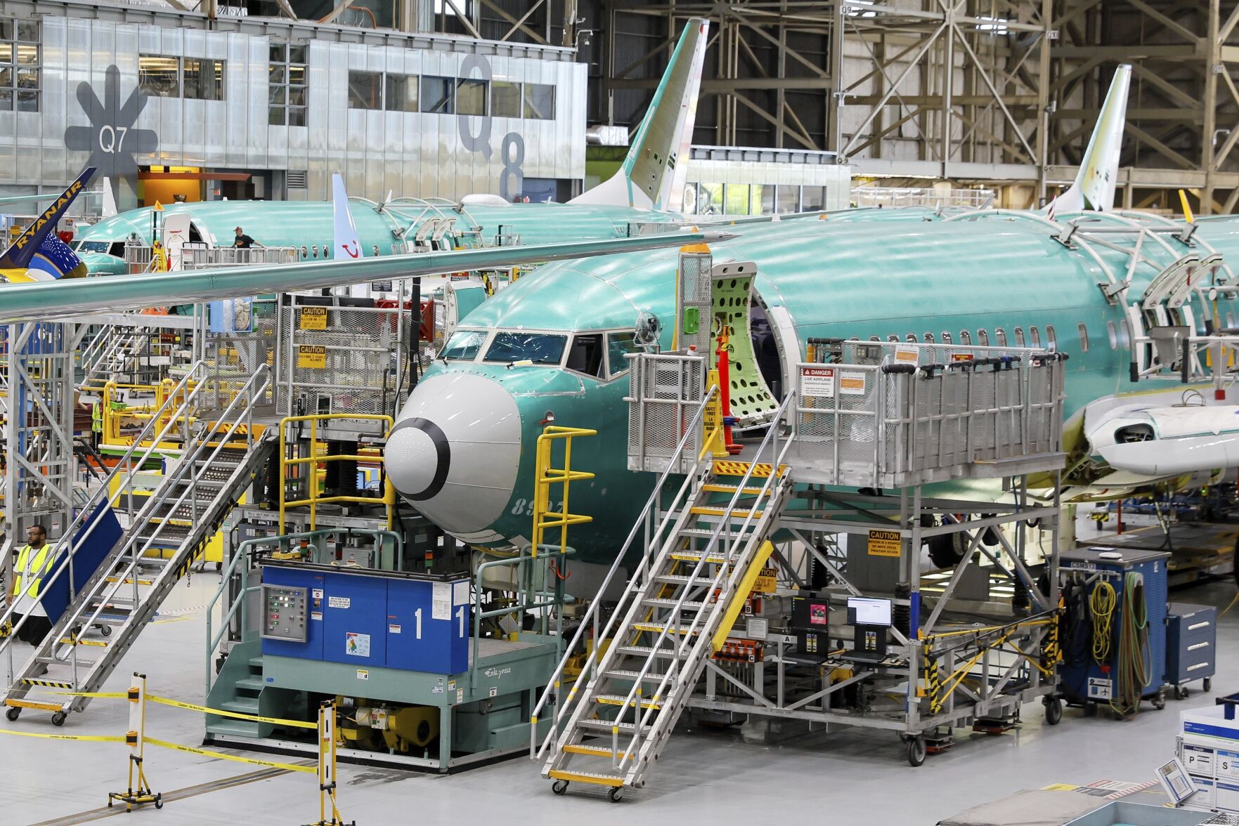 FILE - Boeing 737 MAX airplanes are shown on the assembly line during a media tour at the Boeing facility in Renton, Wash., June 25, 2024. (Jennifer Buchanan/The Seattle Times via AP, Pool, File)    PHOTO CREDIT: Associated Press