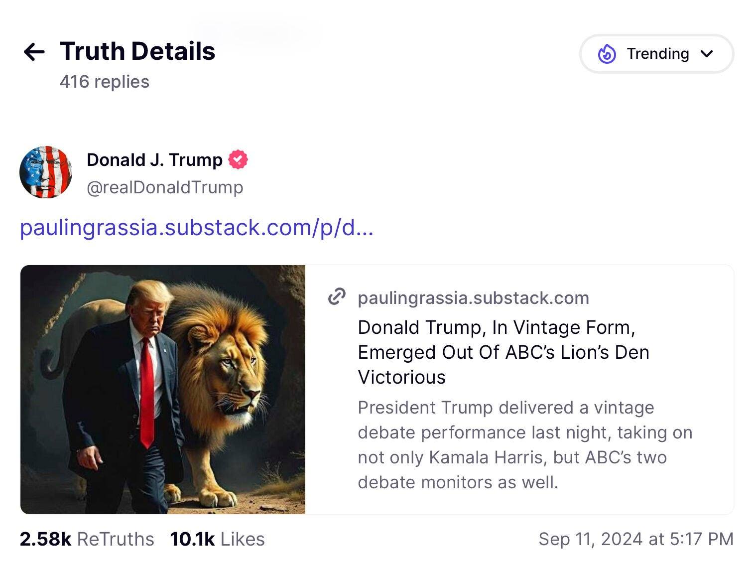 This image from the Truth Social account of former President Donald Trump shows an artificially generated image created by Paul Ingrassia, a New York-based political commentator and lawyer, which was posted on Trump