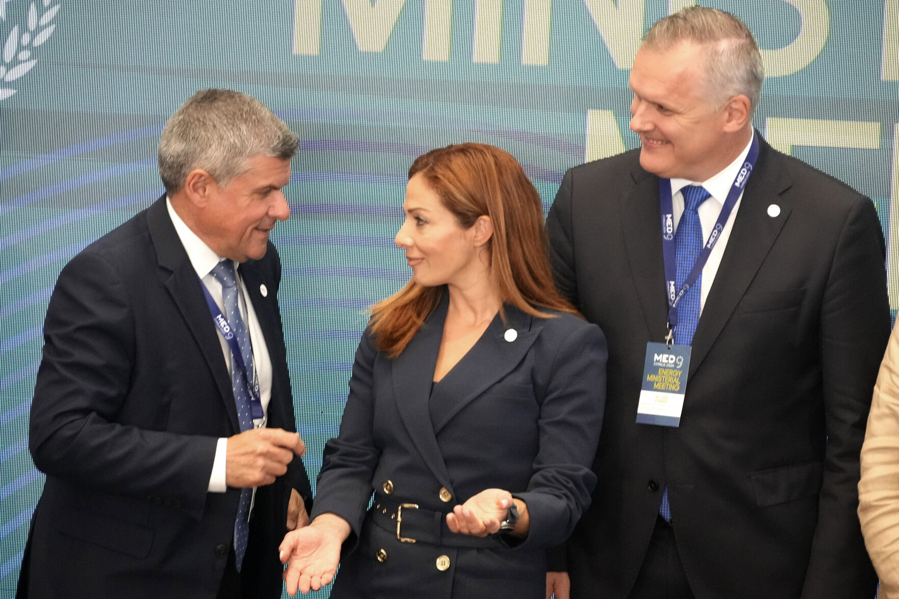 <p>Cypriot Minister of Energy George Papanastasiou, left, talks with his counterparts of Malta Miriam Dalli, center, and Slovenia Bojan Kumer, left, during the MED9 Energy Ministerial Meeting in southern coastal city of Larnaca, Cyprus, Monday, Sept. 23, 2024. (AP Photo/Petros Karadjias)</p>   PHOTO CREDIT: Petros Karadjias 