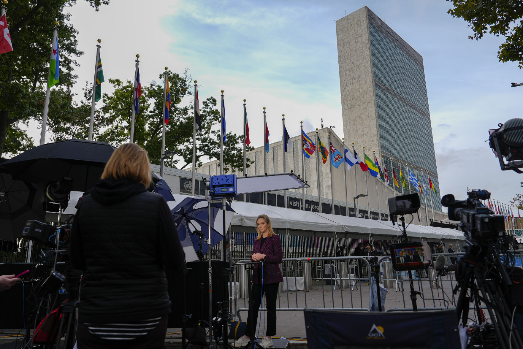 <p>Television networks broadcast outside the United Nations before the start of the 79th Session of the UN General Assembly, Tuesday, Sept. 24, 2024, at UN headquarters. (AP Photo/Julia Demaree Nikhinson)</p>   PHOTO CREDIT: Julia Demaree Nikhinson