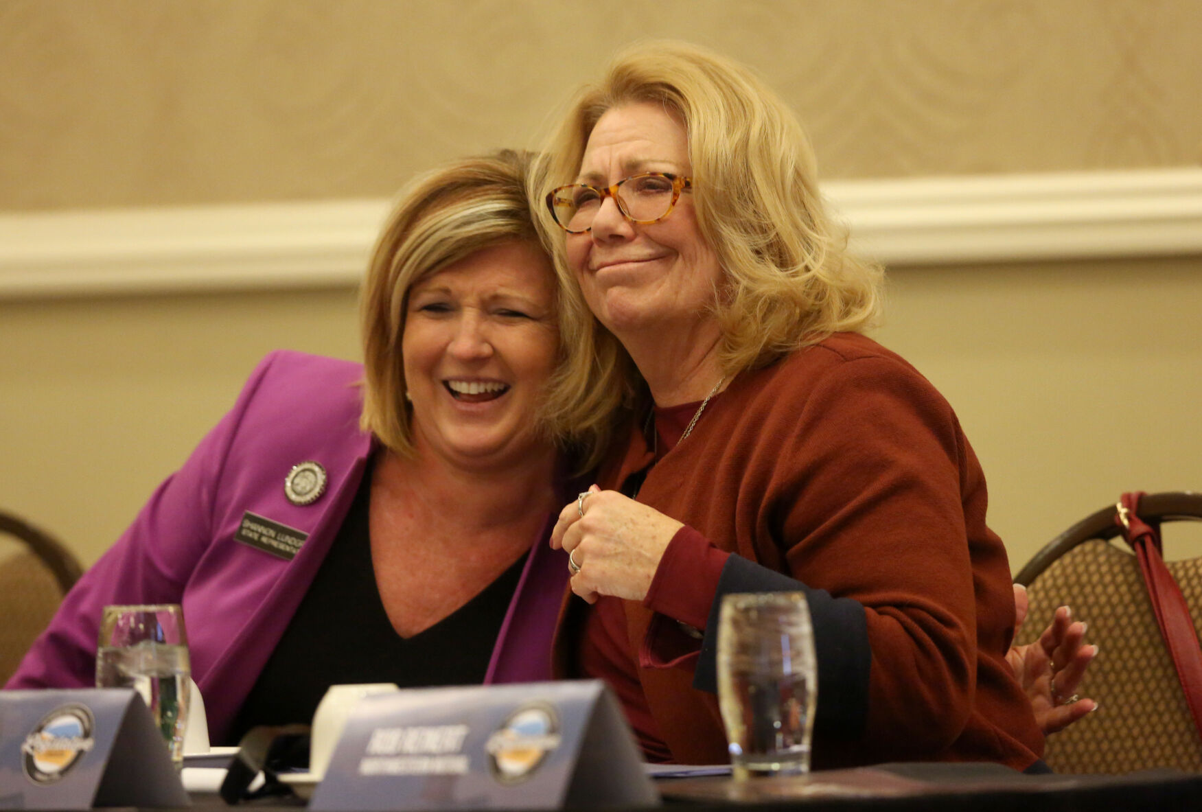 Iowa Rep. Shannon Lundgren (left), R-Peosta, and Iowa Sen. Pam Jochum, D-Dubuque, embrace during the Dubuque Area Chamber of Commerce Legislative Kick-off Luncheon at Hotel Julien Dubuque on Wednesday, Jan. 8, 2020.    PHOTO CREDIT: JESSICA REILLY