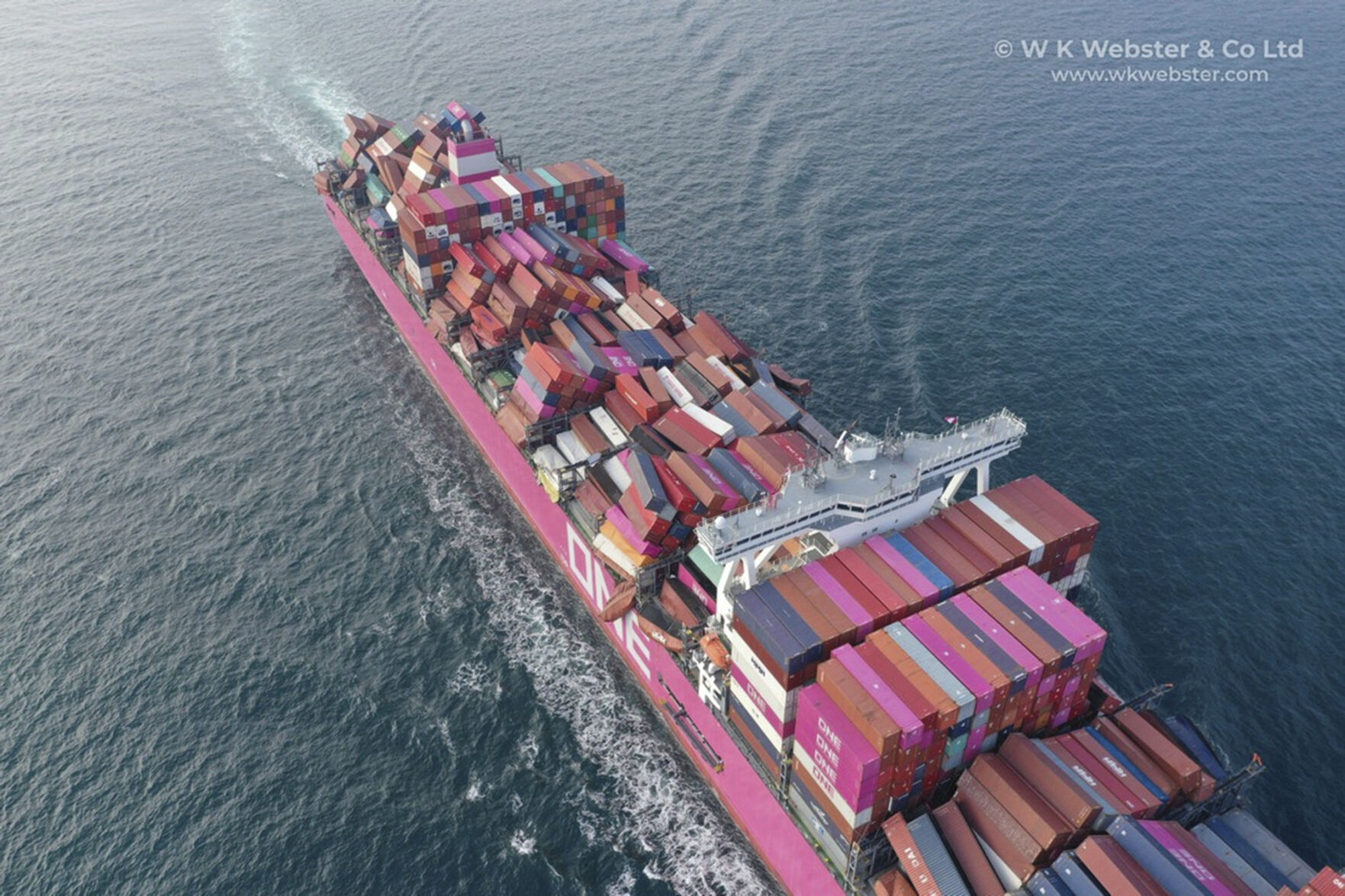 <p>This image provided by W K Webster shows dislodged containers on the cargo ship ONE Apus at Osaka Bay, Japan, on Dec. 7, 2020, after the ship hit heavy swells on a voyage from China to California in November 2020. (W K Webster via AP)</p>   PHOTO CREDIT: W K Webster via AP