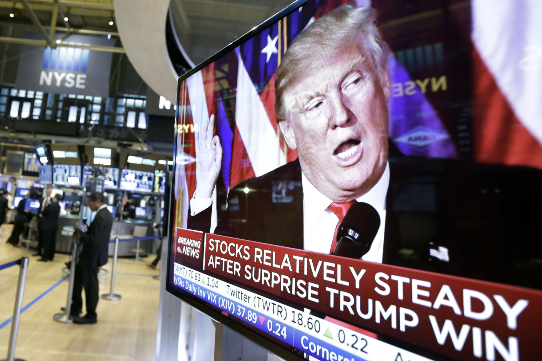 <p>FILE - An image of President-elect Donald Trump appears on a television screen on the floor of the New York Stock Exchange, Nov. 9, 2016. (AP Photo/Richard Drew, File)</p>   PHOTO CREDIT: Richard Drew 