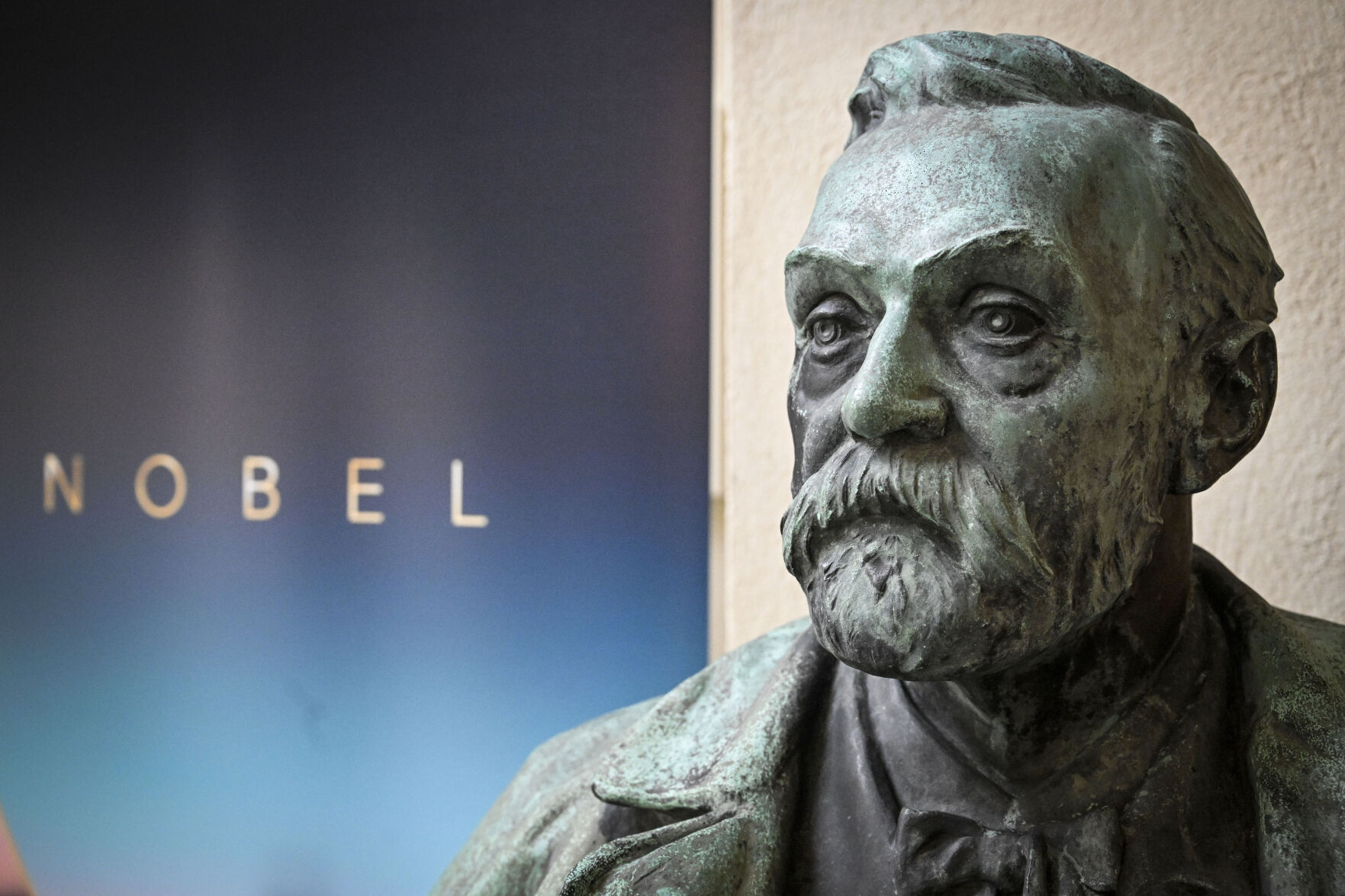 <p>FILE - A bust of Alfred Nobel on display following a press conference at the Karolinska Institute in Stockholm, Sweden, on Monday, Oct. 3, 2022. (Henrik Montgomery/TT News Agency via AP, File)</p>   PHOTO CREDIT: Henrik Montgomery 