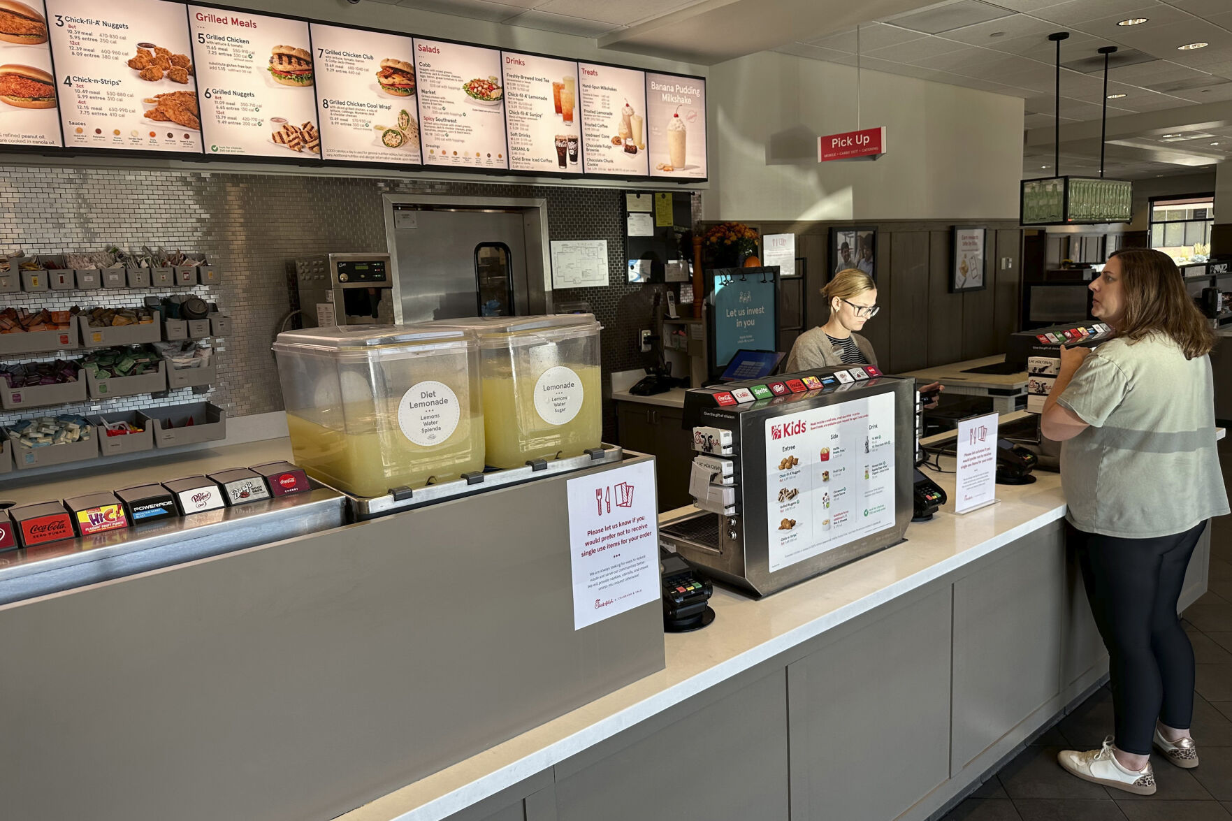 <p>A customer places an order at the counter of a Chick-fil-A restaurant Monday, Oct. 7, 2024, in southeast Denver. (AP Photo/David Zalubowski)</p>   PHOTO CREDIT: David Zalubowski - staff, ASSOCIATED PRESS