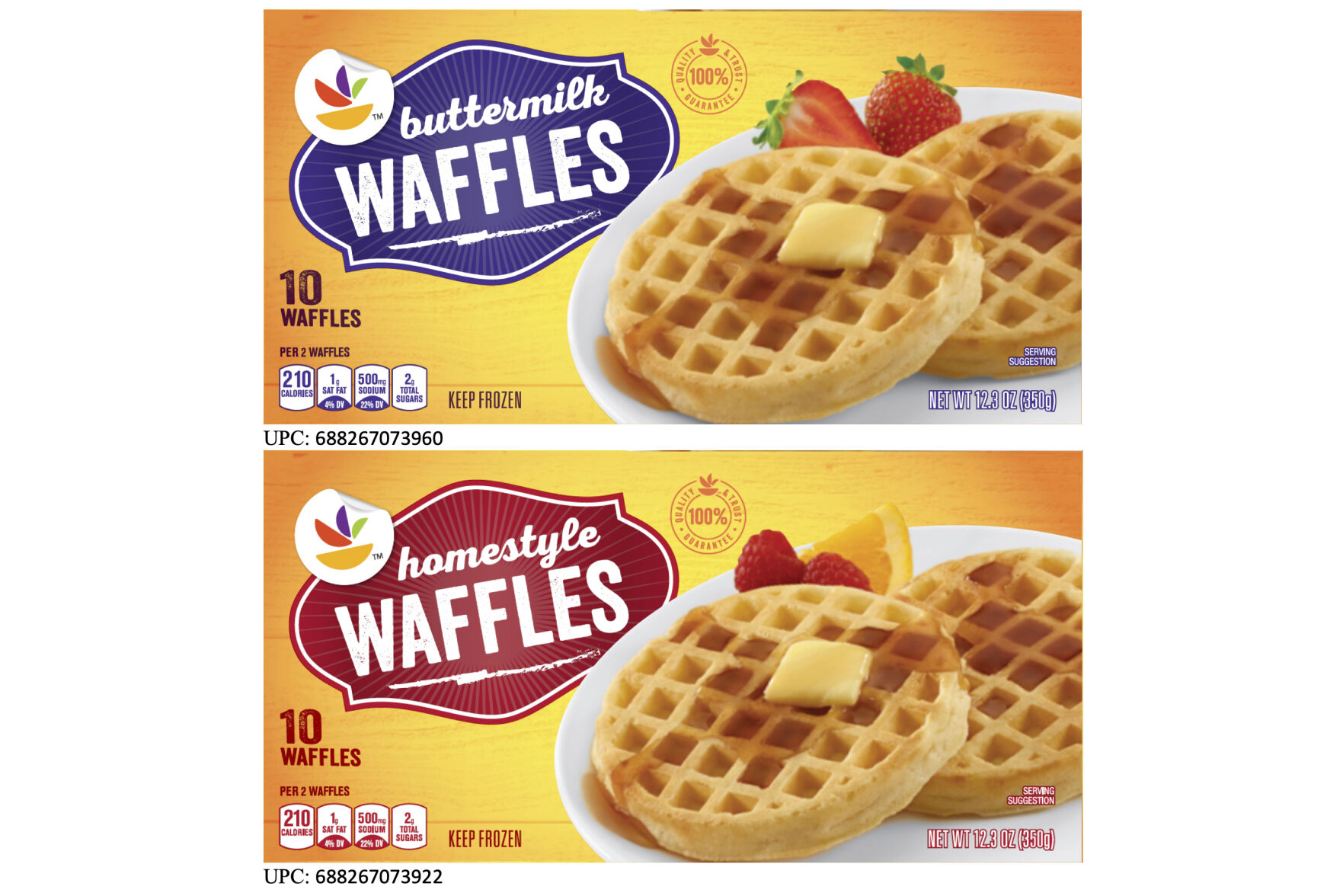 <p>This image provided by TreeHouse Foods, Inc., shows the packaging of two styles of waffles, among hundreds of brands of frozen waffles, that are part of a voluntary recall because the products could be contaminated with dangerous listeria bacteria, the manufacturer, TreeHouse Foods, Inc.,, said Tuesday. (TreeHouse Foods, Inc. via AP)</p>   PHOTO CREDIT: TreeHouse Foods, Inc. via AP