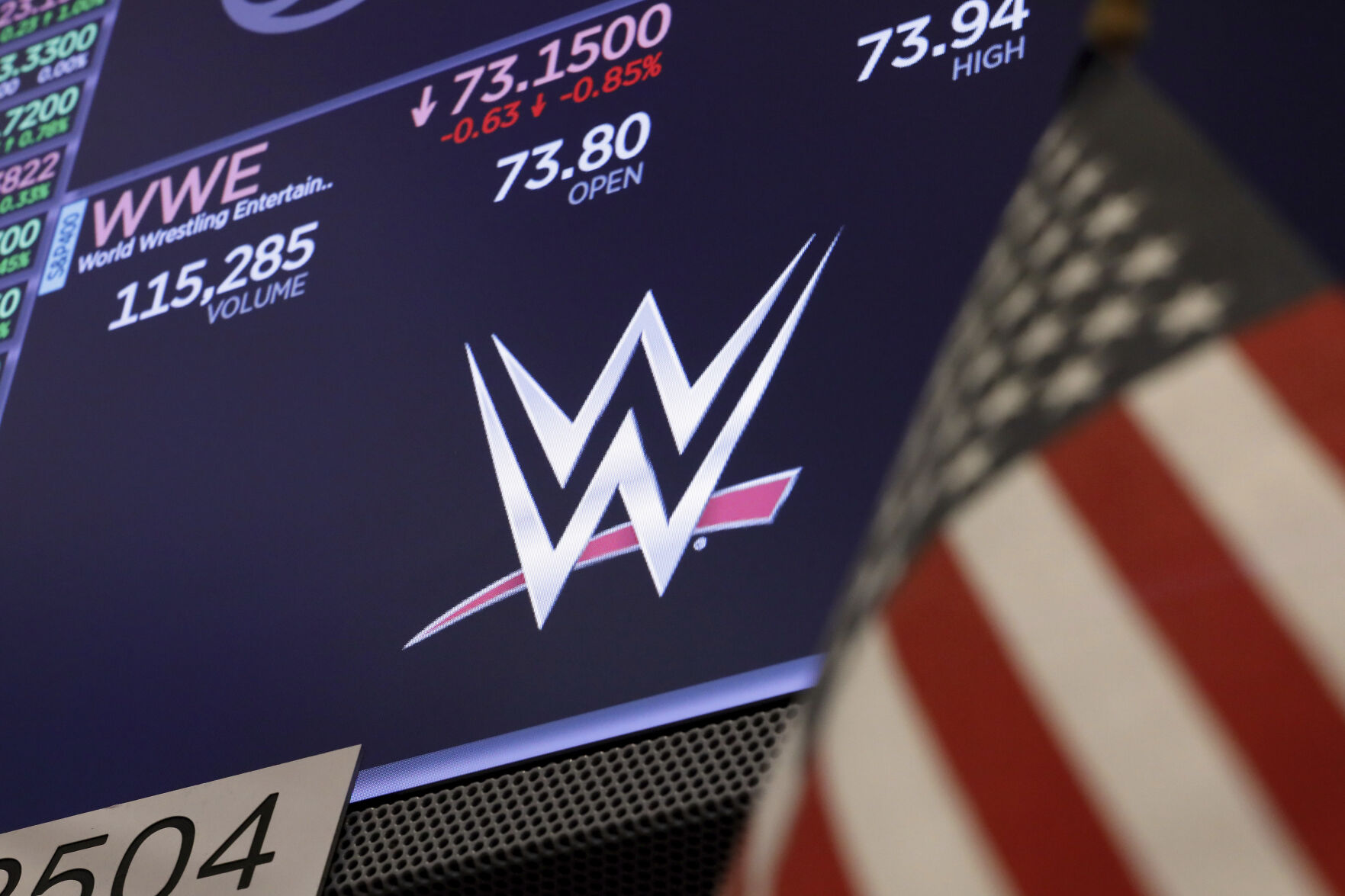 <p>The logo for World Wrestling Entertainment, WWE, appears above a trading post on the floor of the New York Stock Exchange, Sept. 13, 2019. (AP Photo/Richard Drew)</p>   PHOTO CREDIT: Richard Drew 