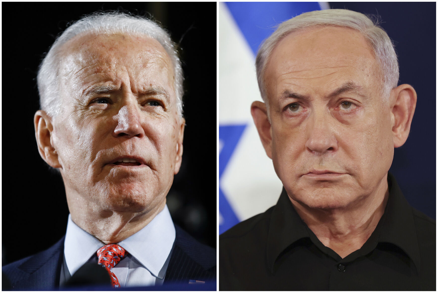 <p>This combination image shows, from left; President Joe Biden, on March 12, 2020, in Wilmington, Del., and Israeli Prime Minister Benjamin Netanyahu on Oct. 28, 2023, in Tel Aviv, Israel. (AP Photo, File)</p>