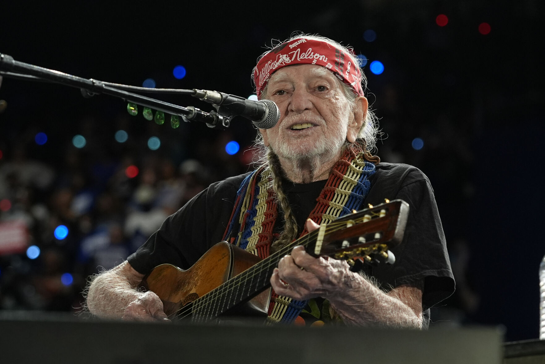 <p>Musician Willie Nelson performing ahead of event for Democratic presidential nominee Vice President Kamala Harris at a rally in Houston, Friday, Oct. 25, 2024. (AP Photo/Susan Walsh)</p>   PHOTO CREDIT: Susan Walsh - staff, ASSOCIATED PRESS