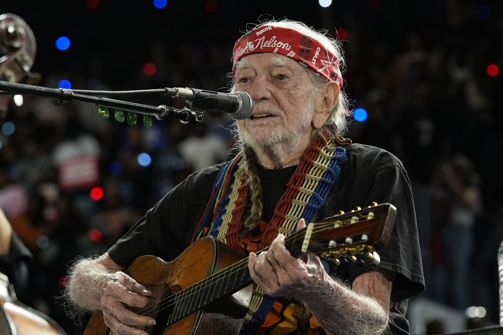 <p>Musician Willie Nelson performing ahead of event for Democratic presidential nominee Vice President Kamala Harris at a rally in Houston, Friday, Oct. 25, 2024. (AP Photo/Susan Walsh)</p>   PHOTO CREDIT: Susan Walsh - staff, ASSOCIATED PRESS