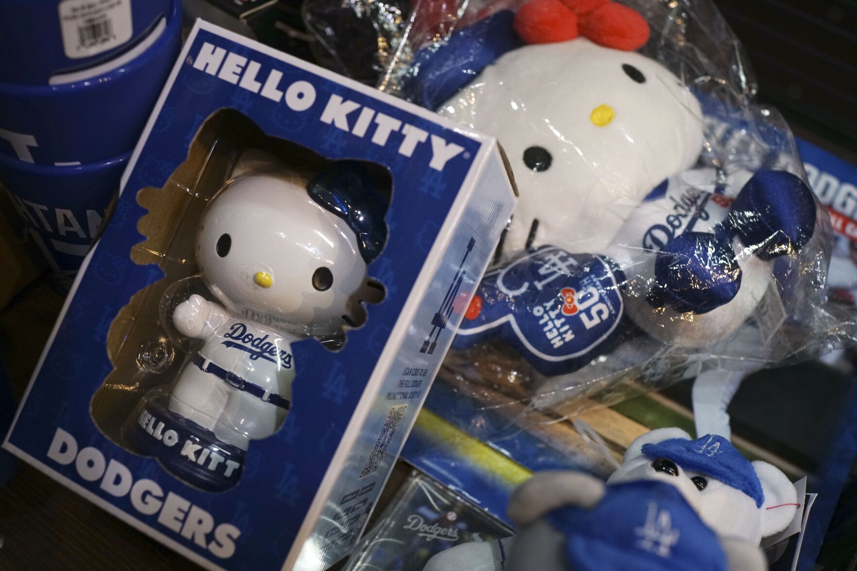 <p>The 50th anniversary Hello Kitty dolls with Los Angeles Dodgers uniform are sold at a shop Wednesday, Oct. 23, 2024 in Tokyo. (AP Photo/Eugene Hoshiko)</p>   PHOTO CREDIT: Eugene Hoshiko - staff, ASSOCIATED PRESS