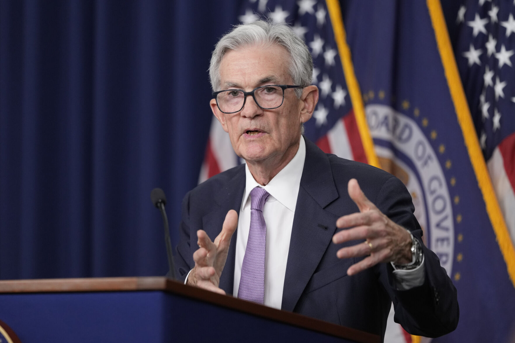 <p>FILE - Federal Reserve Board Chairman Jerome Powell speaks during a news conference at the Federal Reserve in Washington, on Sept. 18, 2024. (AP Photo/Ben Curtis, File)</p>   PHOTO CREDIT: Ben Curtis 