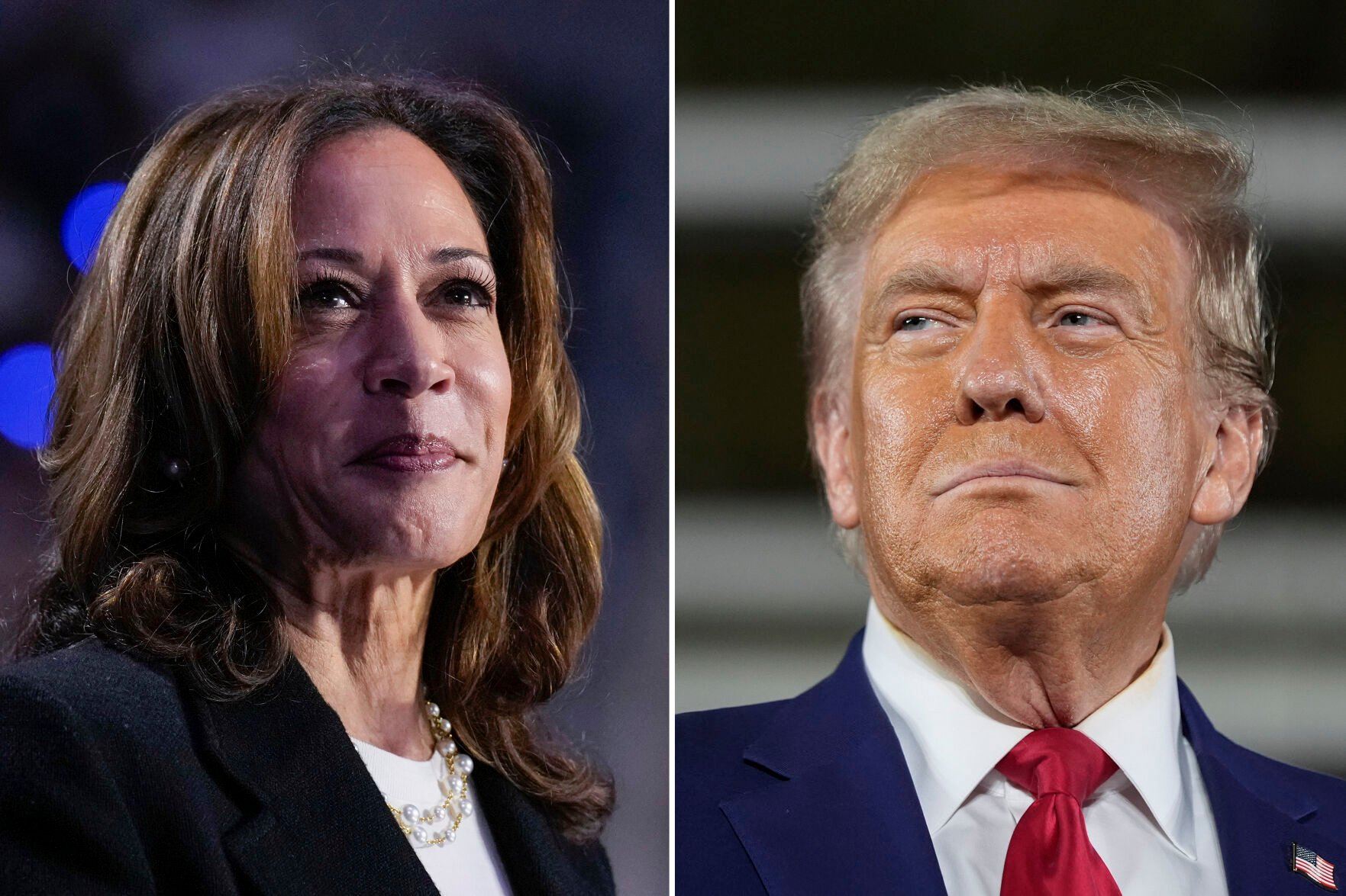 <p>This combination of file photos shows Democratic presidential nominee Vice President Kamala Harris, left, speaking at a campaign rally in Charlotte, N.C., on Sept. 12, 2024, 2024, and Republican presidential nominee former President Donald Trump speaking a town hall campaign event in Warren, Mich., on Sept. 27, 2024. (AP Photo)</p>   PHOTO CREDIT: AP photo