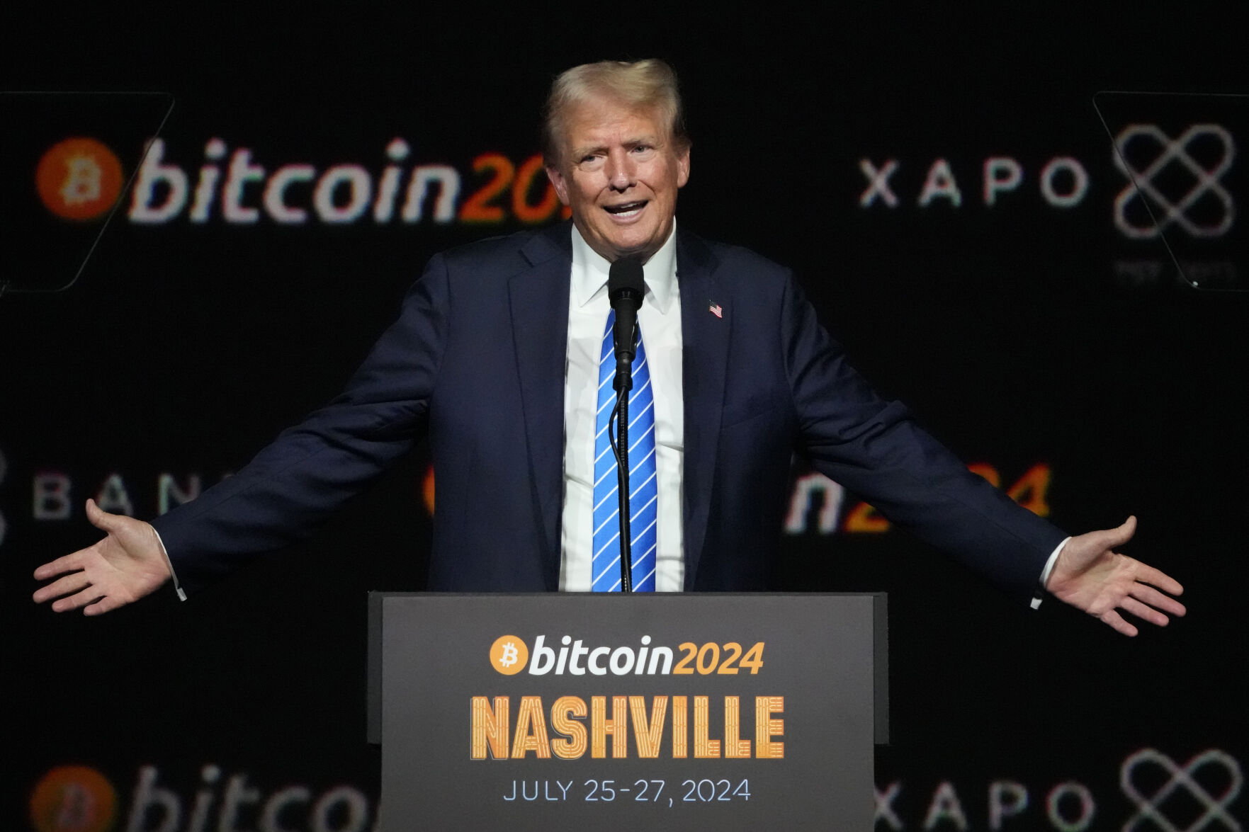 <p>FILE -Republican presidential candidate former President Donald Trump speaks at the Bitcoin 2024 Conference, July 27, 2024, in Nashville, Tenn. (AP Photo/Mark Humphrey, File)</p>   PHOTO CREDIT: Mark Humphrey 