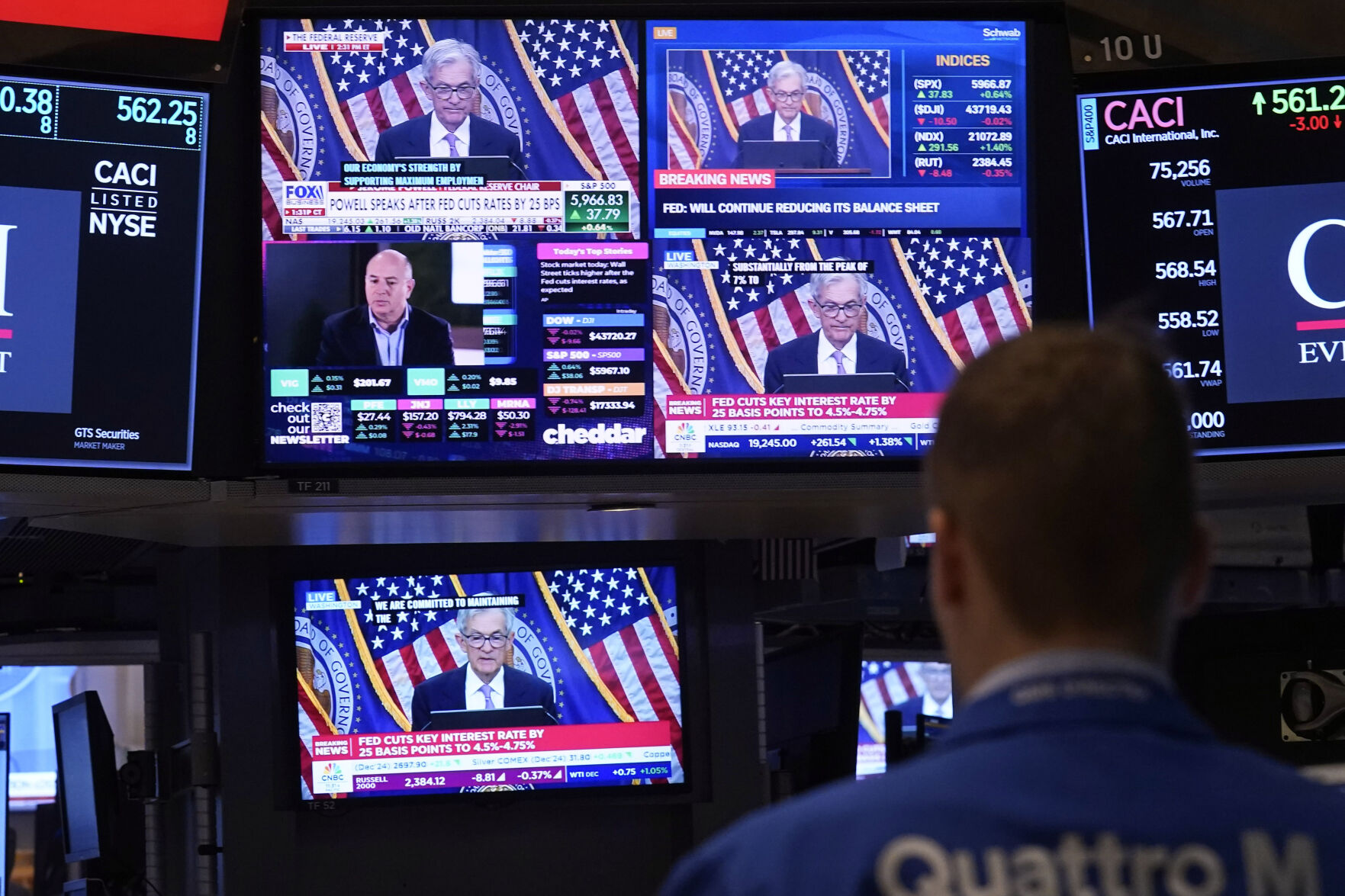 <p>Comments by Federal Reserve Chair Jerome Powell appear on a bank of screens on the floor of the New York Stock Exchange, Thursday, Nov. 7, 2024, in New York. (AP Photo/Richard Drew)</p>   PHOTO CREDIT: Richard Drew - staff, ASSOCIATED PRESS