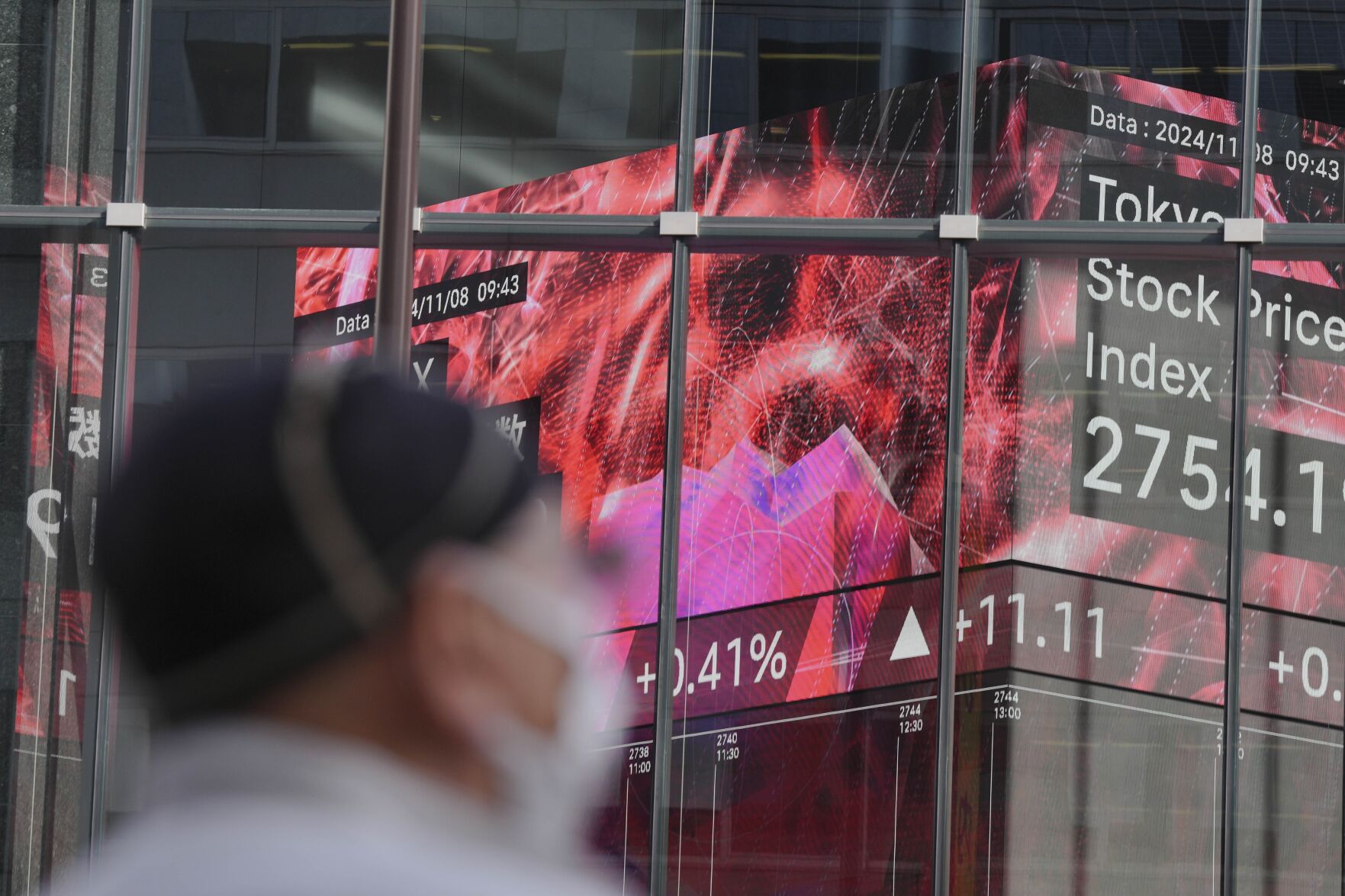 <p>A person walks in front of an electronic stock board showing Tokyo Stock Price index at a securities firm Friday, Nov. 8, 2024, in Tokyo. (AP Photo/Eugene Hoshiko)</p>   PHOTO CREDIT: Eugene Hoshiko - staff, ASSOCIATED PRESS