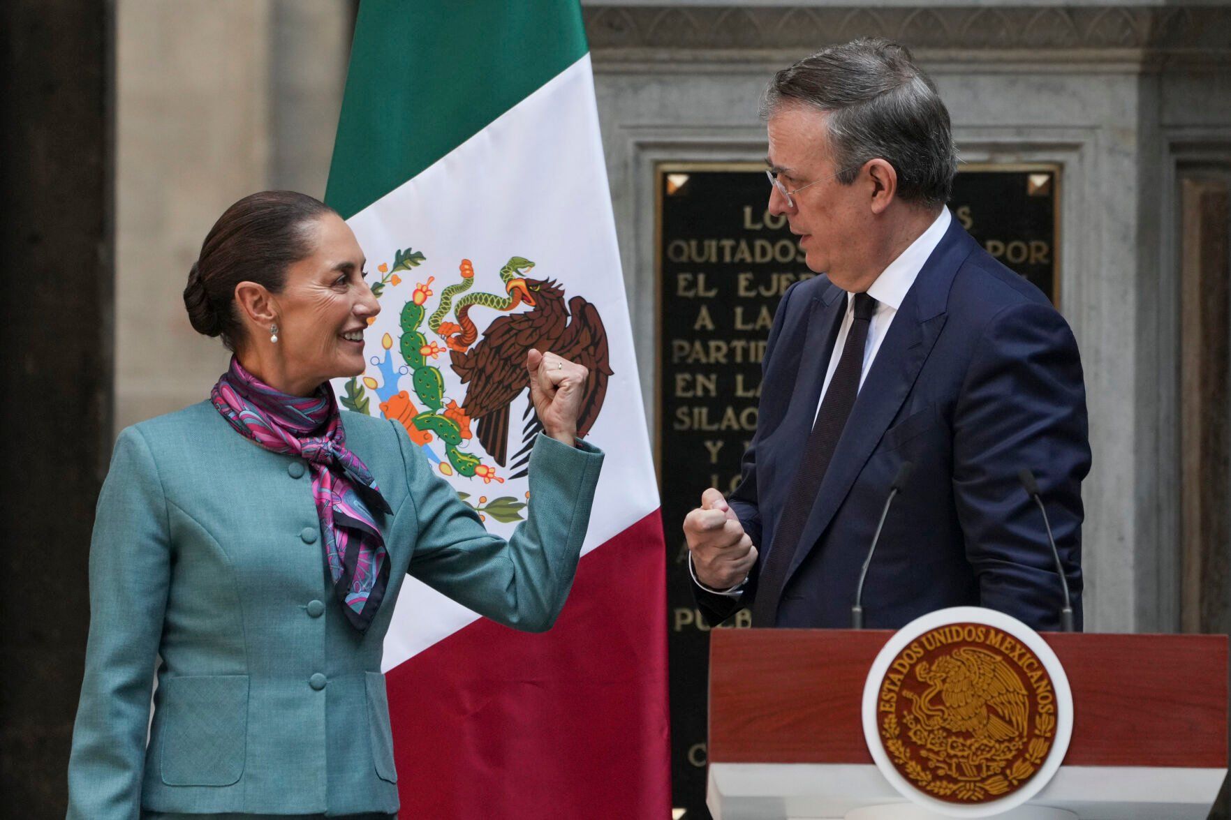 <p>FILE - Mexican President Claudia Sheinbaum, left, and Economy Minister Marcelo Ebrard attend a news conference at the National Palace in Mexico City, Oct. 15, 2024. (AP Photo/Fernando Llano, File)</p>   PHOTO CREDIT: Fernando Llano