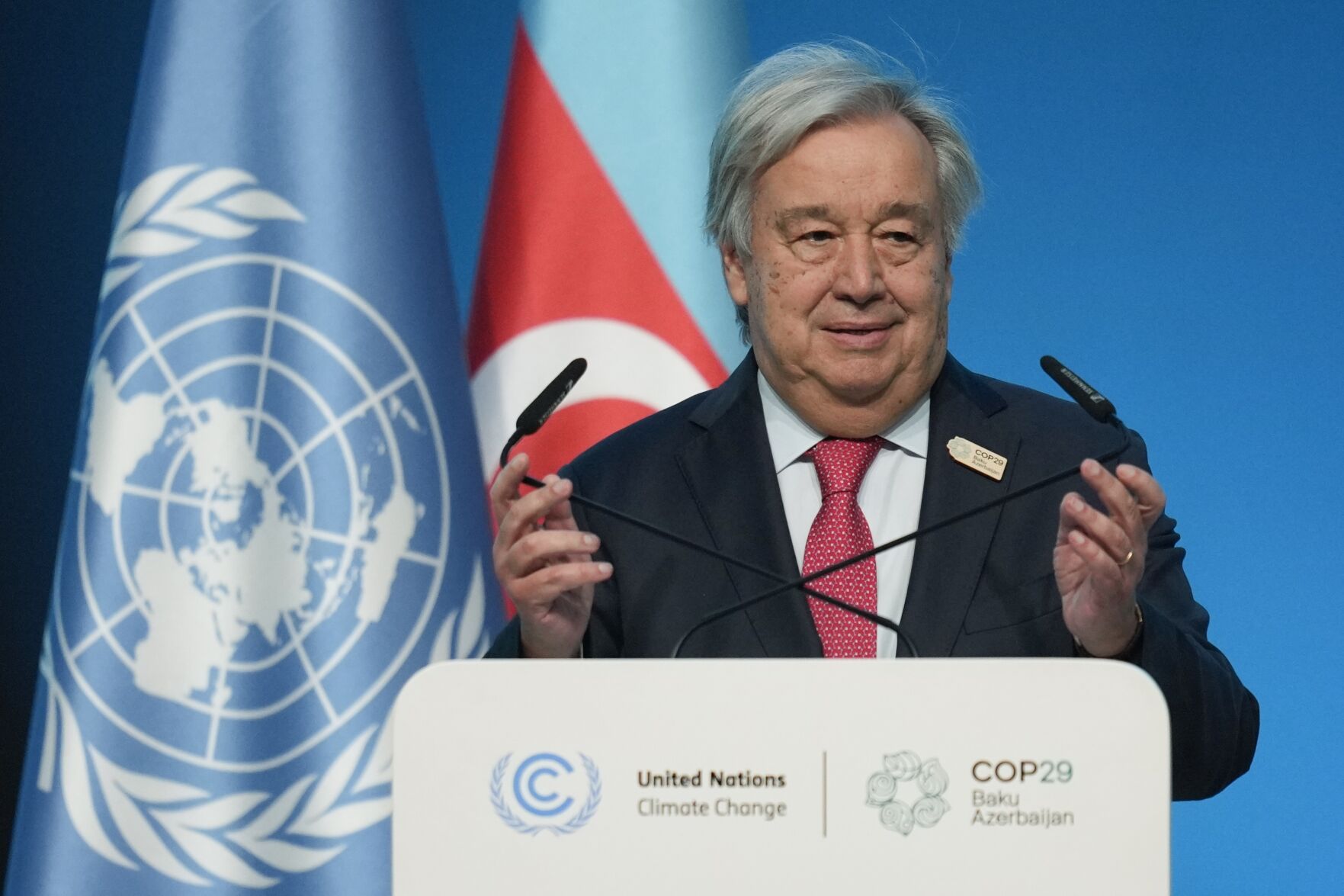 <p>Antonio Guterres, United Nations secretary-general, speaks during a plenary session at the COP29 U.N. Climate Summit, Tuesday, Nov. 12, 2024, in Baku, Azerbaijan. (AP Photo/Rafiq Maqbool)</p>   PHOTO CREDIT: Rafiq Maqbool - staff, ASSOCIATED PRESS