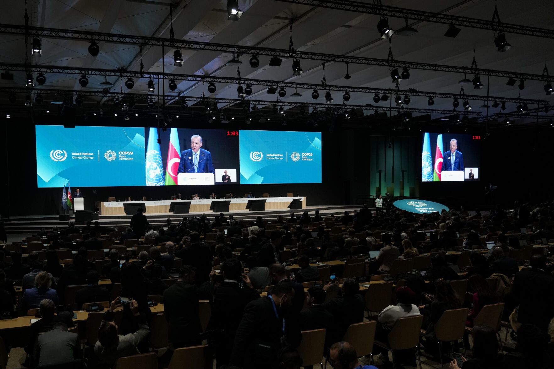 <p>Turkey President Recep Tayyip Erdogan speaks during a plenary session at the COP29 U.N. Climate Summit, Tuesday, Nov. 12, 2024, in Baku, Azerbaijan. (AP Photo/Rafiq Maqbool)</p>   PHOTO CREDIT: Rafiq Maqbool - staff, ASSOCIATED PRESS