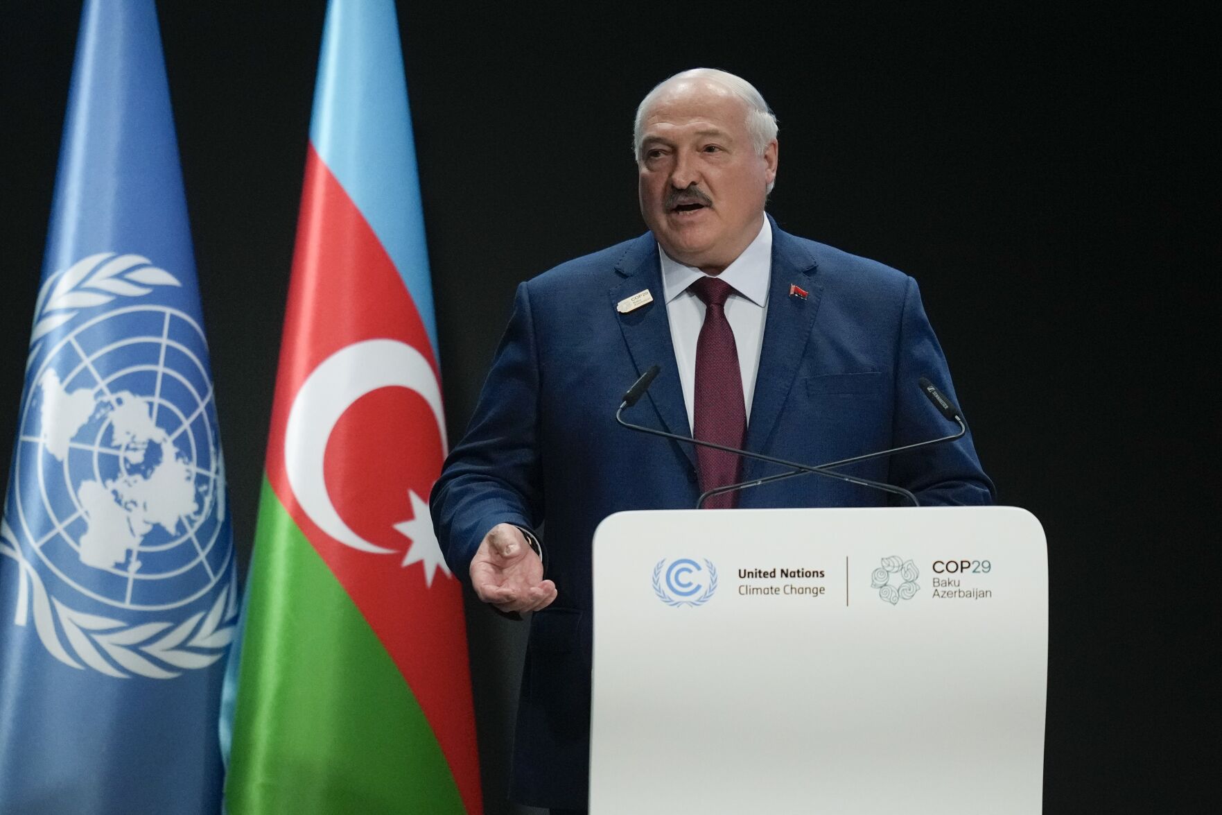 <p>Belarus President Aleksandr Lukashenko speaks during a plenary session at the COP29 U.N. Climate Summit, Tuesday, Nov. 12, 2024, in Baku, Azerbaijan. (AP Photo/Rafiq Maqbool)</p>   PHOTO CREDIT: Rafiq Maqbool - staff, ASSOCIATED PRESS