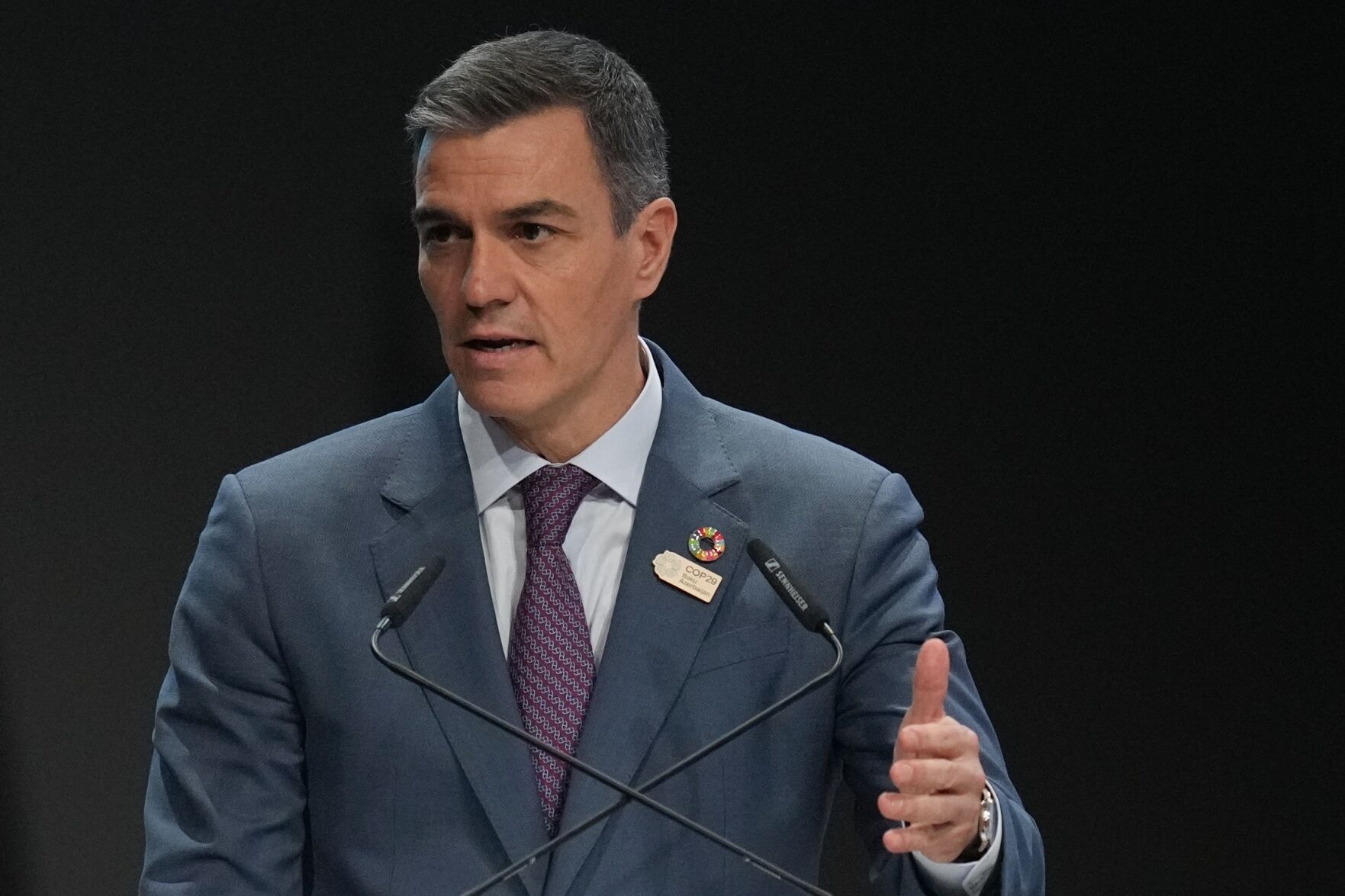 <p>Spain President Pedro Sanchez speaks during a plenary session during a plenary session at the COP29 U.N. Climate Summit, Tuesday, Nov. 12, 2024, in Baku, Azerbaijan. (AP Photo/Rafiq Maqbool)</p>   PHOTO CREDIT: Rafiq Maqbool - staff, ASSOCIATED PRESS