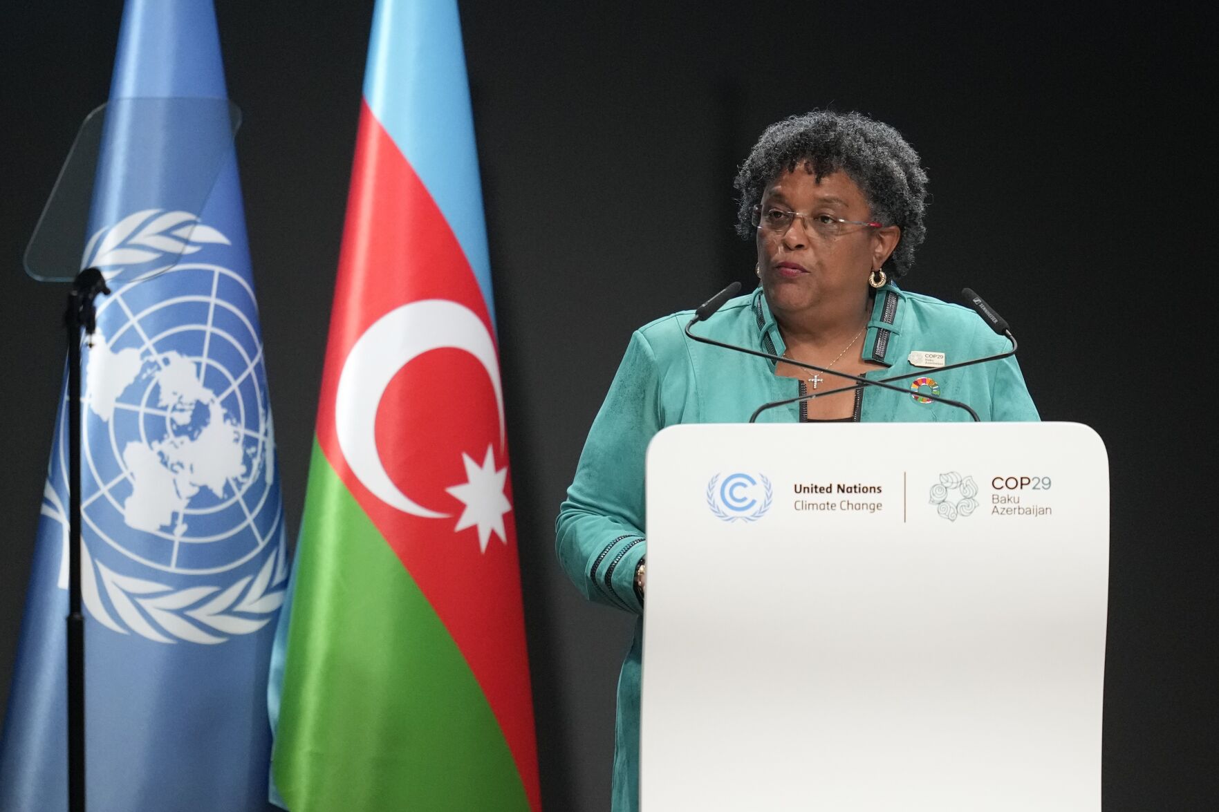 <p>Barbados Prime Minister Mia Mottley speaks during a plenary session at the COP29 U.N. Climate Summit, Tuesday, Nov. 12, 2024, in Baku, Azerbaijan. (AP Photo/Rafiq Maqbool)</p>   PHOTO CREDIT: Rafiq Maqbool - staff, ASSOCIATED PRESS