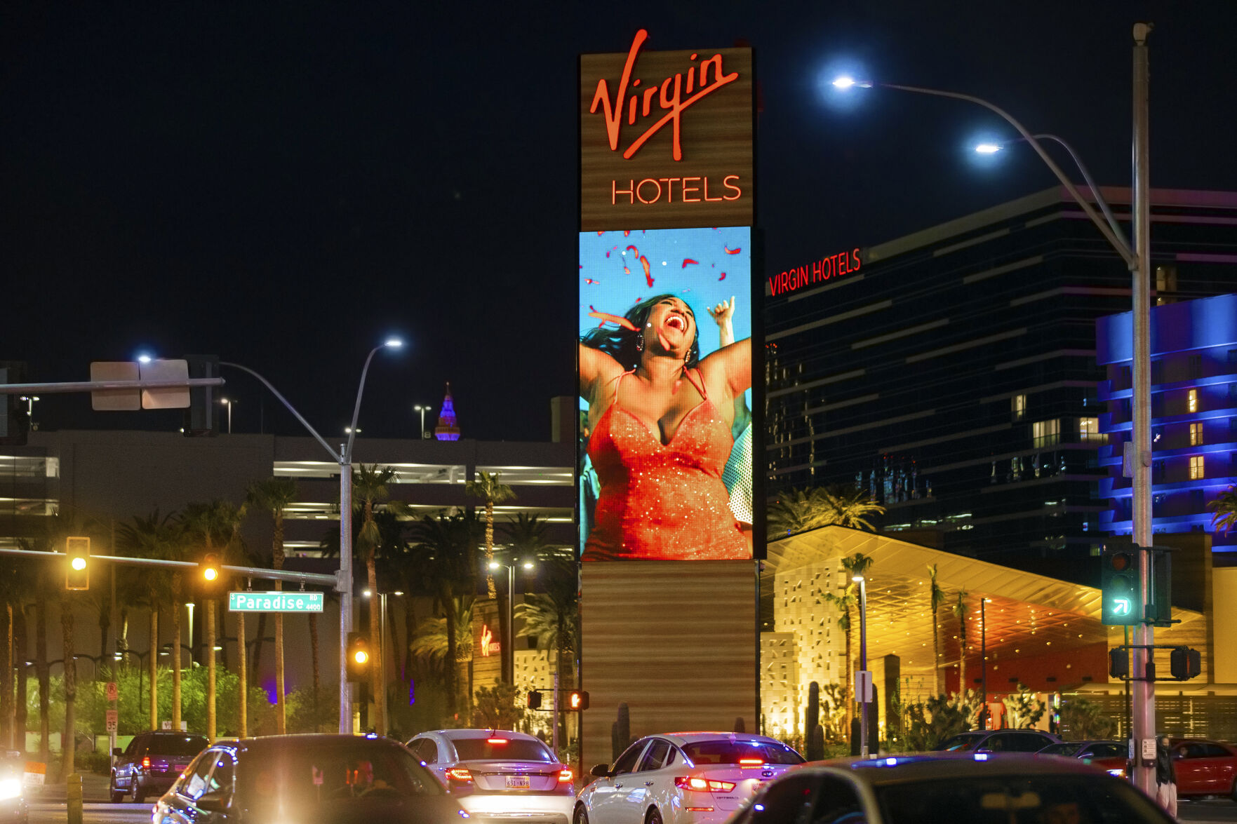 <p>FILE - Virgin Hotels Las Vegas is illuminated on Wednesday, March 24, 2021, in Las Vegas. (Benjamin Hager/Las Vegas Review-Journal via AP, File)</p>   PHOTO CREDIT: Benjamin Hager - member, ASSOCIATED PRESS