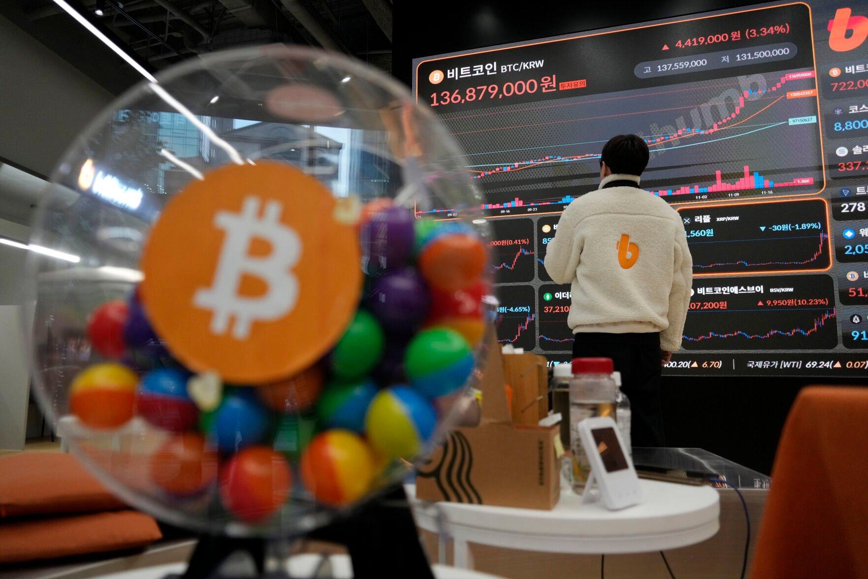 <p>An employee watches an electronic signboard displaying the prices of Bitcoin and other cryptocurrencies at the lounge of Bithumb cryptocurrency exchange in Seoul, South Korea, Thursday, Nov. 21, 2024. (AP Photo/Ahn Young-joon)</p>   PHOTO CREDIT: Ahn Young-joon 