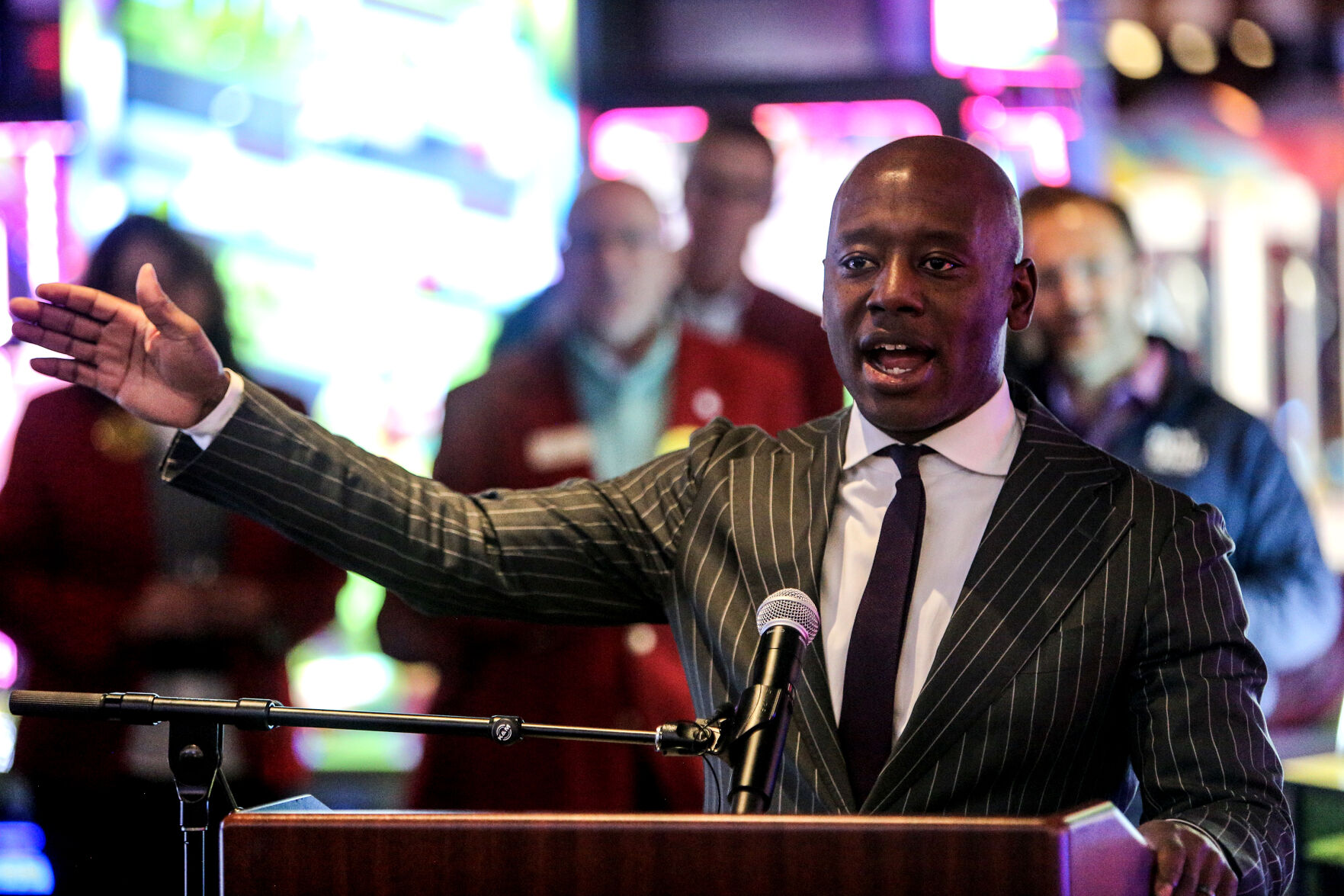 Alex Dixon speaks during the ribbon-cutting ceremony for the new Island Social arcade inside Q Casino + Resort on Tuesday.    PHOTO CREDIT: Dave Kettering