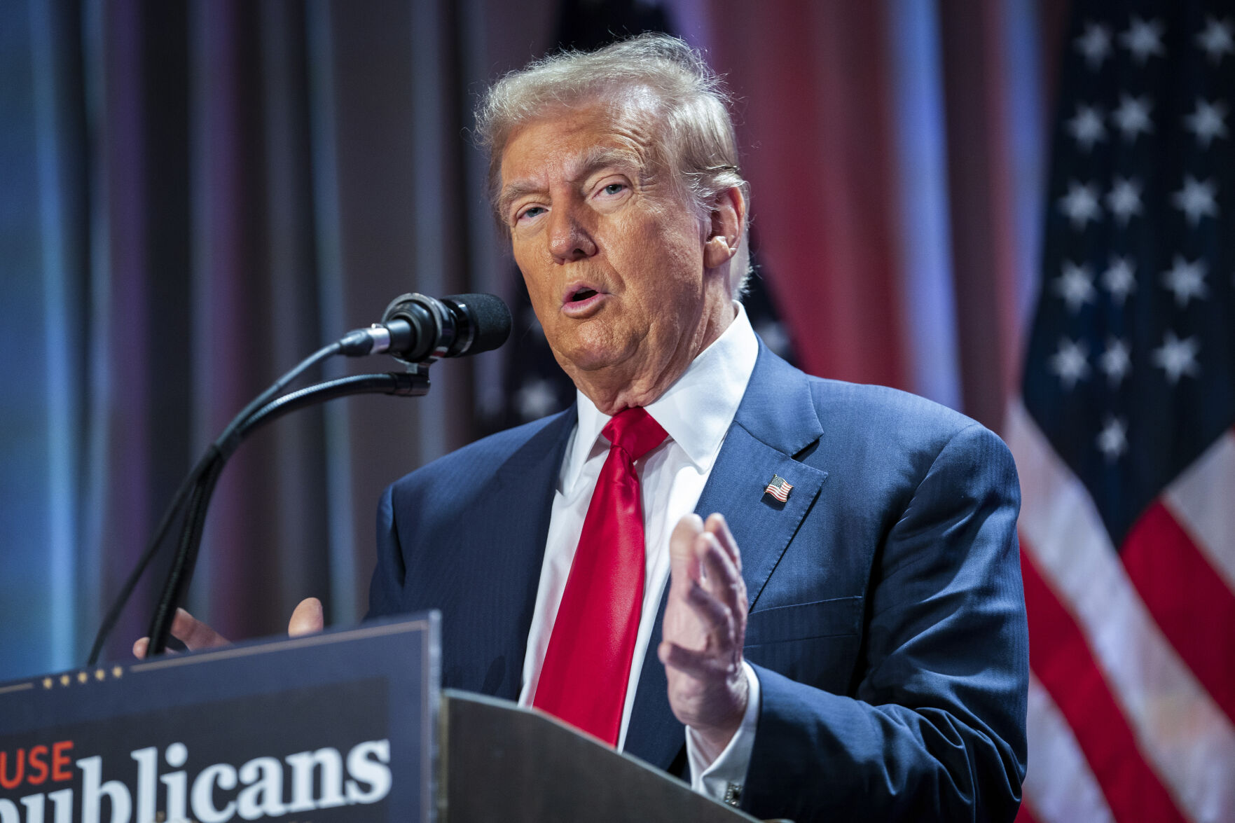 <p>FILE - President-elect Donald Trump speaks during a meeting with the House GOP conference, Nov. 13, 2024, in Washington. (Allison Robbert/Pool via AP, File)</p>   PHOTO CREDIT: Allison Robbert - pool, ASSOCIATED PRESS