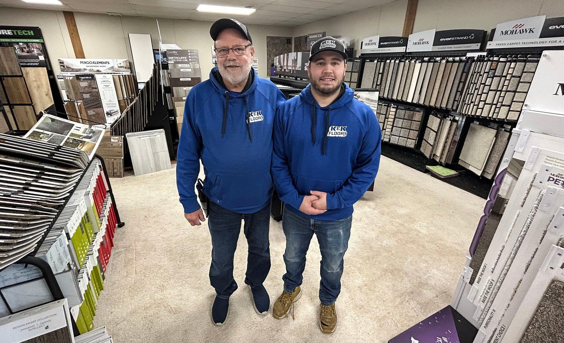 Jeff (left) and Michael Kliebenstein are the second and third generation of owners of K&K Floors, a Platteville, Wis., firm co-founded by Clayton Kliebenstein in 1954. Michael is the current owner of the business, having purchased it from his dad, Jeff, in 2020.    PHOTO CREDIT: Erik Hogstrom
Telegraph Herald