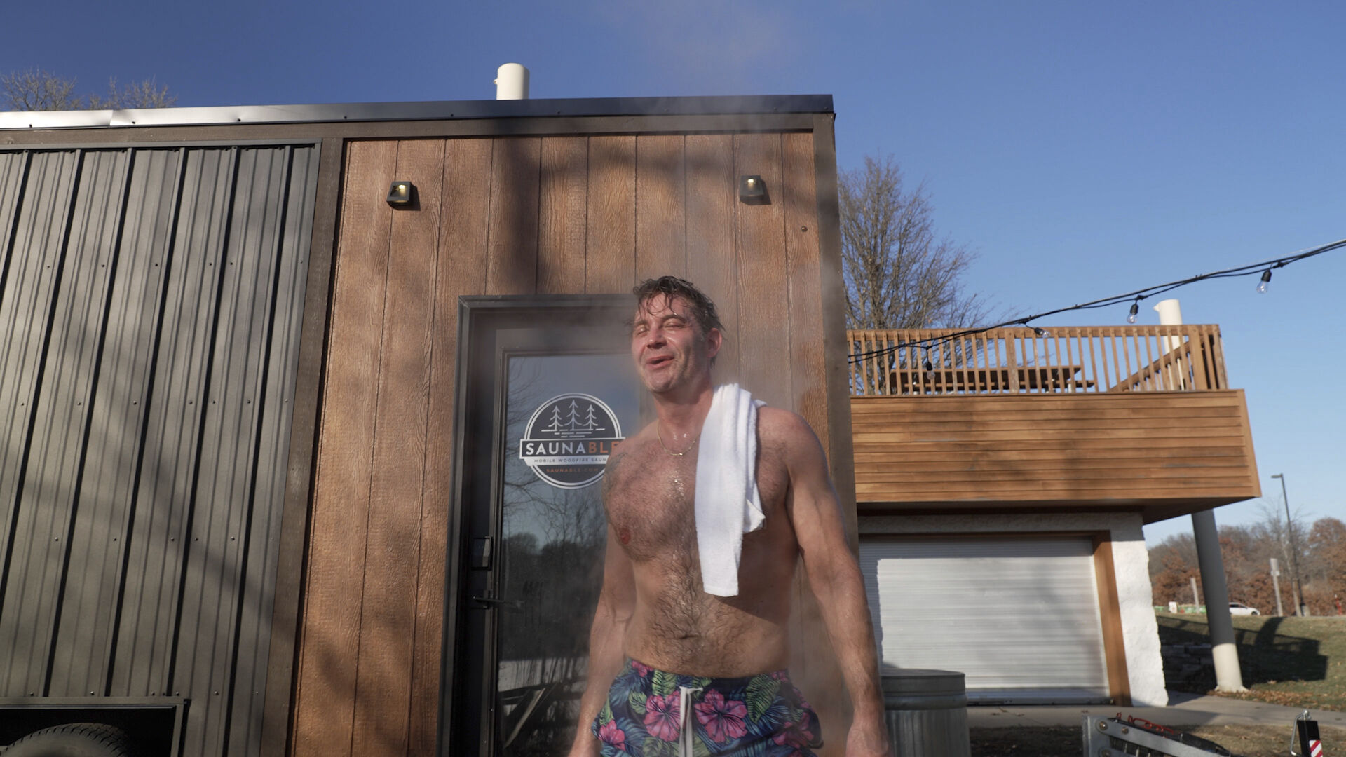 <p>Jeff Tait, of Hastings, Minn. ,cools off after a session in a Saunable mobile sauna at Lebanon Hills Regional Park in Eagan, Minn., Sunday, Dec. 1, 2024. (AP photo/Mark Vancleave)</p>   PHOTO CREDIT: Mark Vancleave - staff, ASSOCIATED PRESS