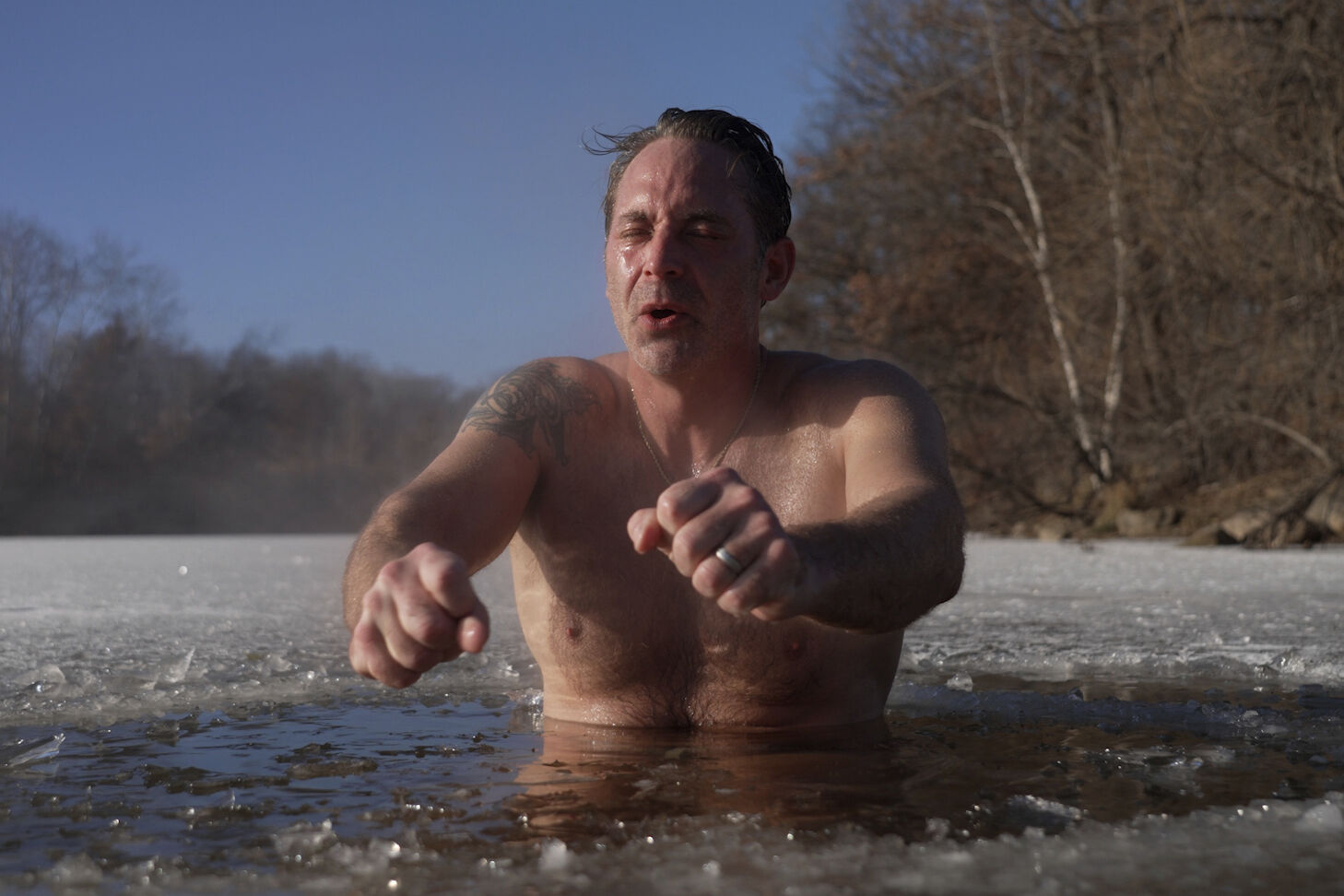 <p>Jeff Tait, of Hastings, Minn., cools off after a session in a Saunable mobile sauna at Lebanon Hills Regional Park in Eagan, Minn. on Sunday, Dec. 1, 2024. (AP photo/Mark Vancleave)</p>   PHOTO CREDIT: Mark Vancleave - staff, ASSOCIATED PRESS