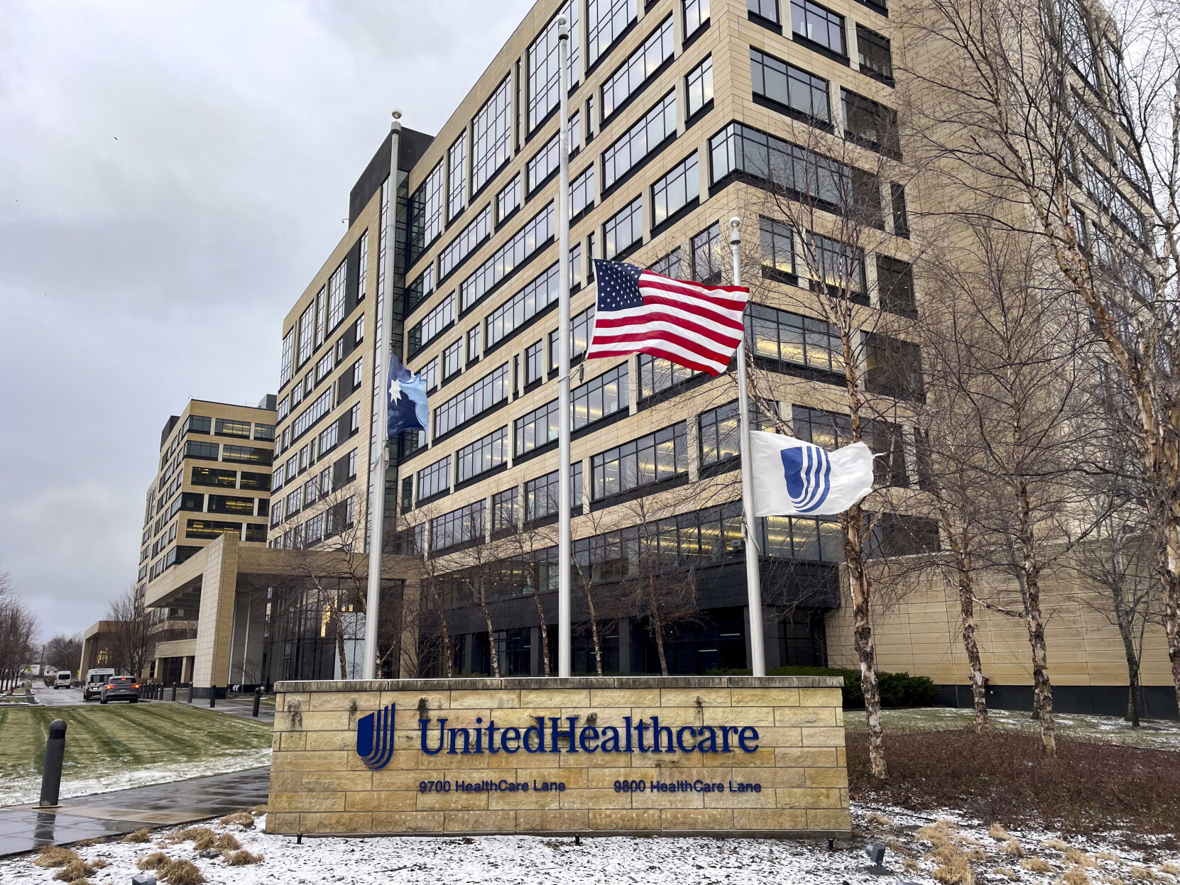 <p>The UnitedHealthcare headquarters in Minnetonka, Minn., lowered its flags to half-staff on Wednesday, Dec. 4, 2024, in honor of CEO Brian Thompson, who was fatally shot outside a hotel in New York. (Kerem Yücel/Minnesota Public Radio via AP)</p>   PHOTO CREDIT: Kerem Yücel - member, ASSOCIATED PRESS