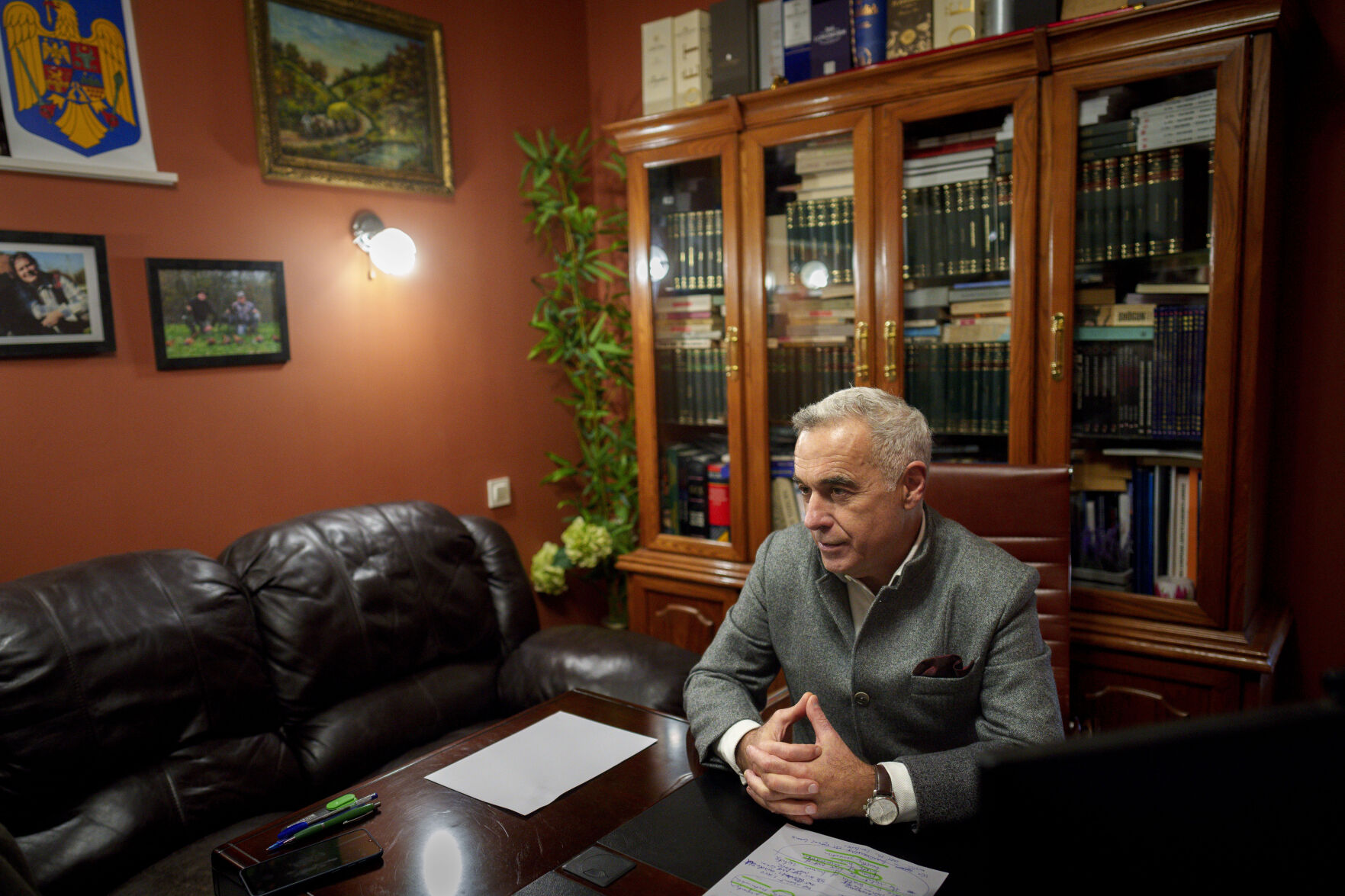 <p>Calin Georgescu, the independent candidate for presidency who won the first round of presidential elections, speaks after an interview with the Associated Press in Izvorani, Romania, Wednesday, Dec. 4, 2024. (AP Photo/Vadim Ghirda)</p>   PHOTO CREDIT: Vadim Ghirda - staff, ASSOCIATED PRESS