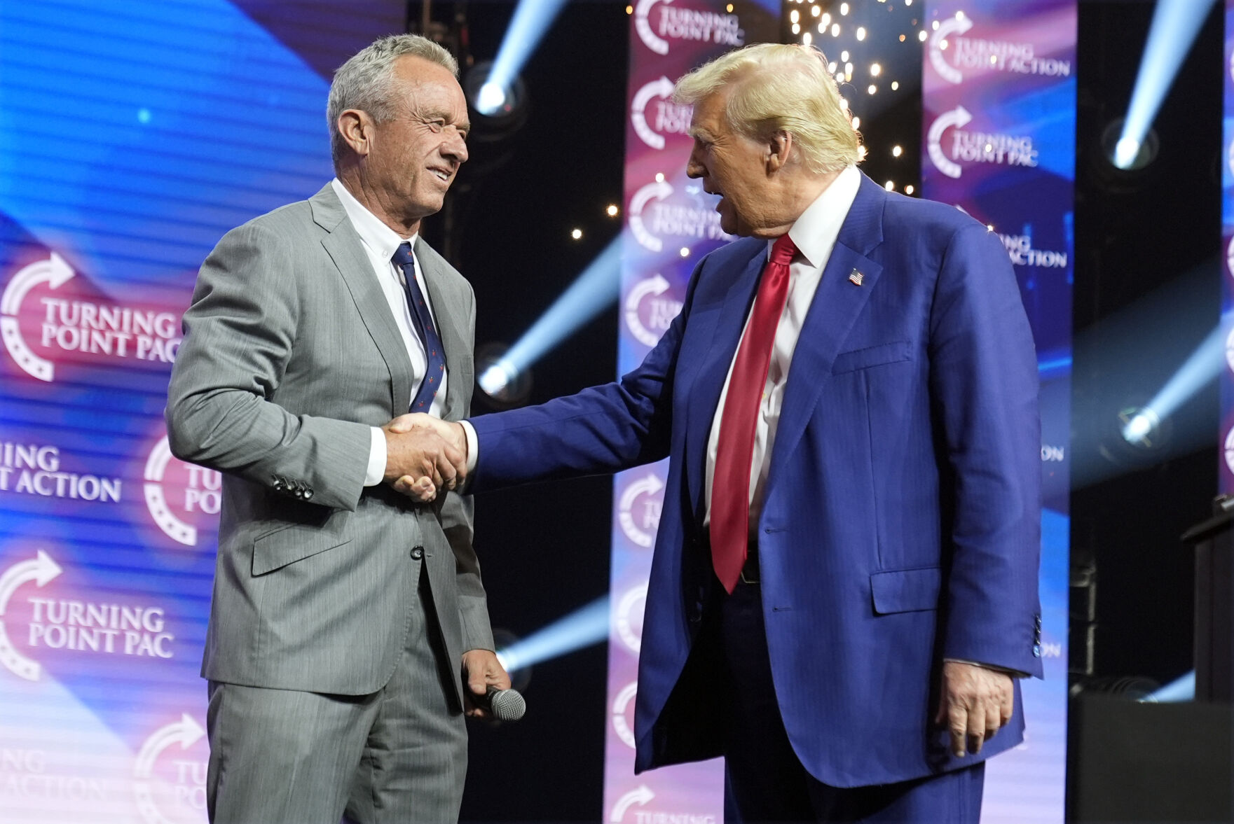 <p>FILE - Republican presidential nominee former President Donald Trump greets Robert F. Kennedy Jr., at a Turning Point Action campaign rally, Oct. 23, 2024, in Duluth, Ga. (AP Photo/Alex Brandon)</p>   PHOTO CREDIT: Alex Brandon 